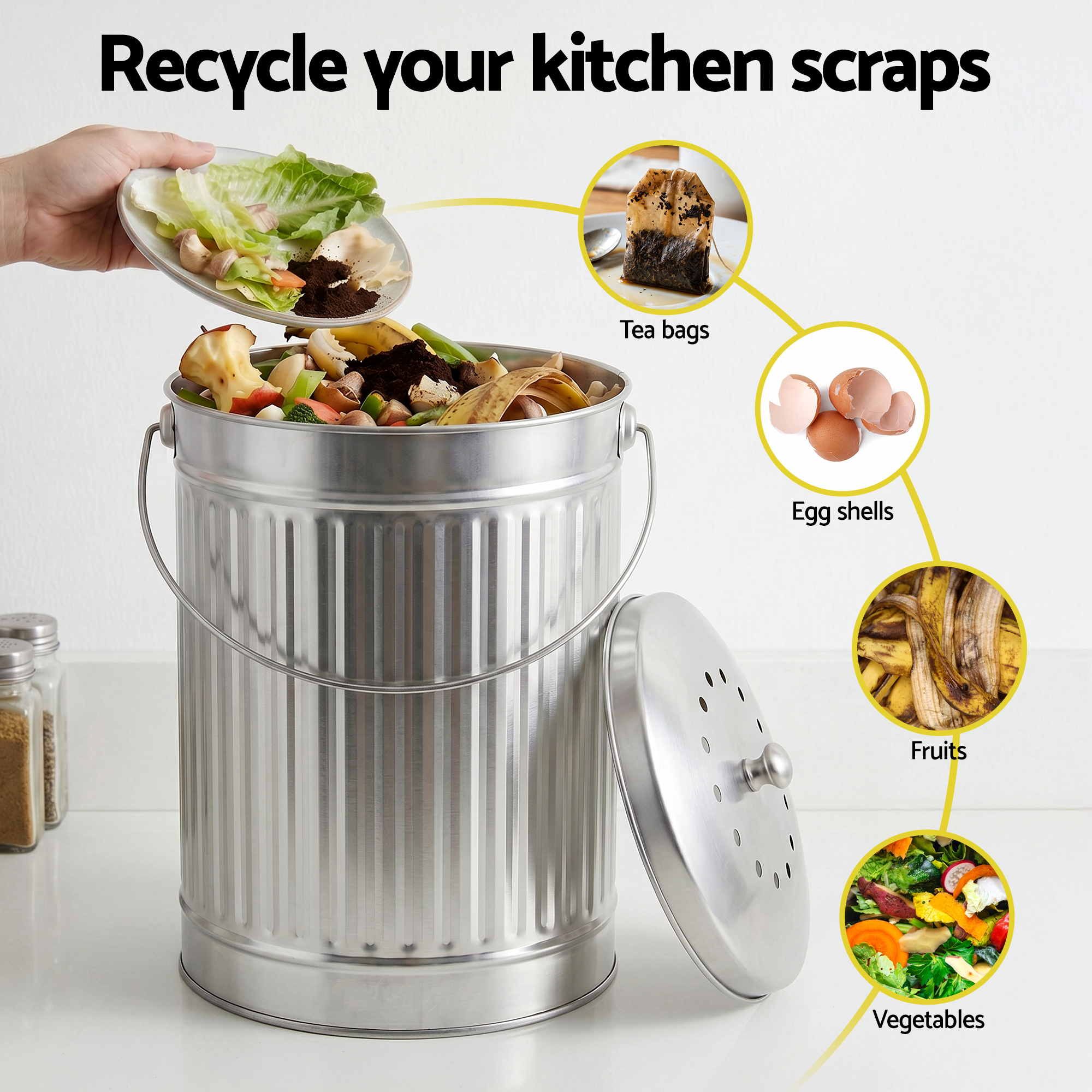 Gardeon Compost Bin Kitchen Countertop Food Waste Caddy 6L Silver - Image 6