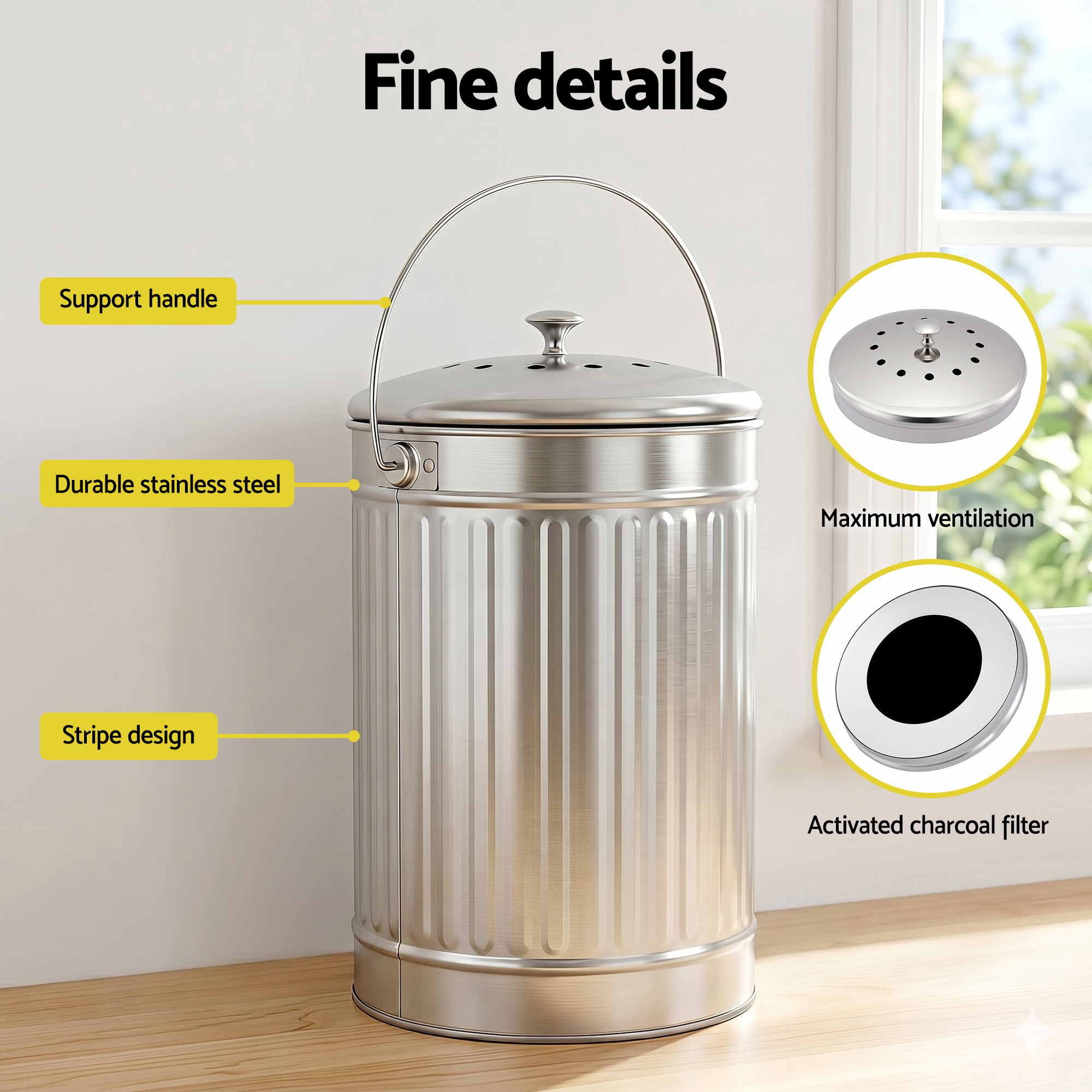 Gardeon Compost Bin Kitchen Countertop Food Waste Caddy 6L Silver - Image 7