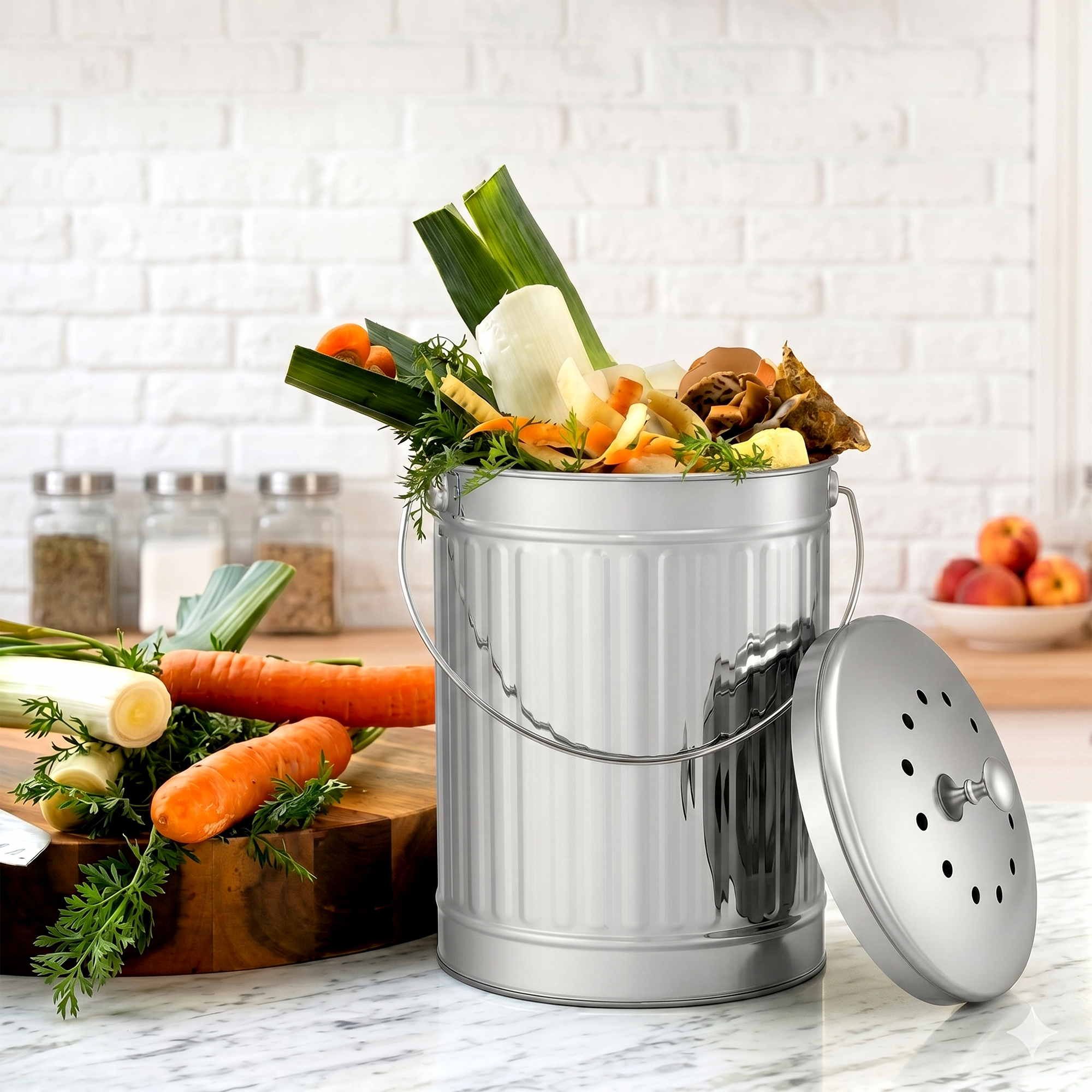 Gardeon Compost Bin Kitchen Countertop Food Waste Caddy 6L Silver - Image 8