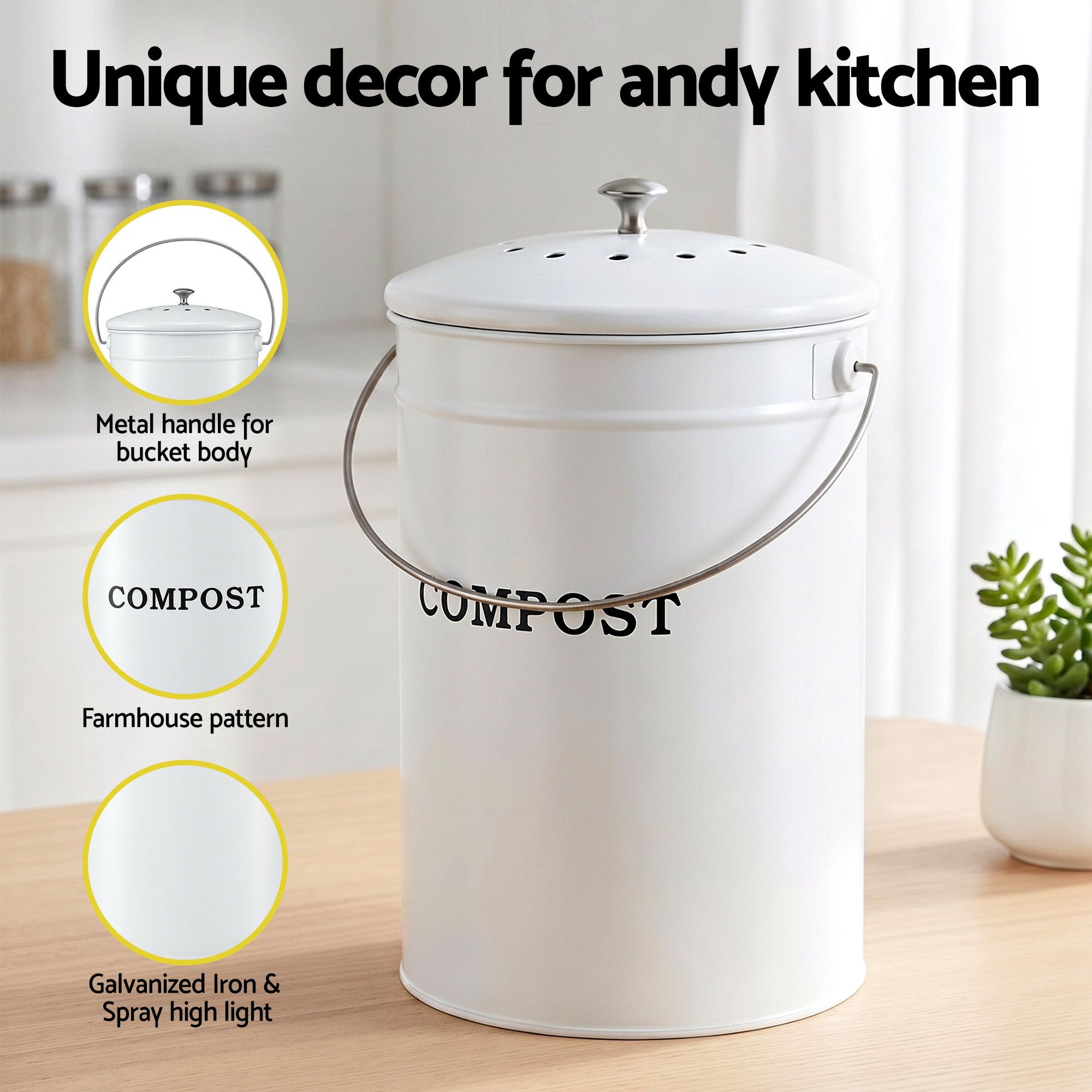 Gardeon Compost Bin Kitchen Compost Caddy Food Waste Bin Bench White - Image 5