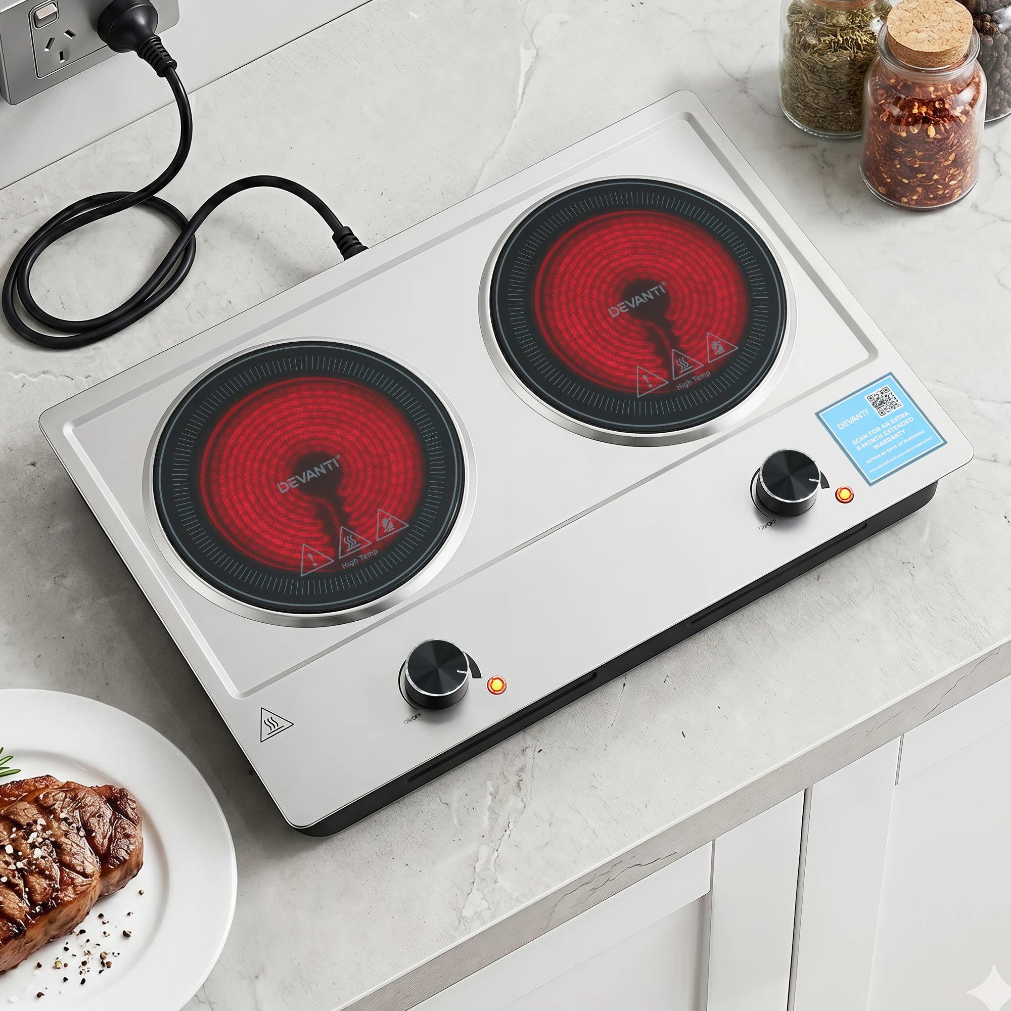 Devanti 2 Hobs Ceramic Cooktop Electric Hot Plate Infrared Knob Control 2400W - Image 1