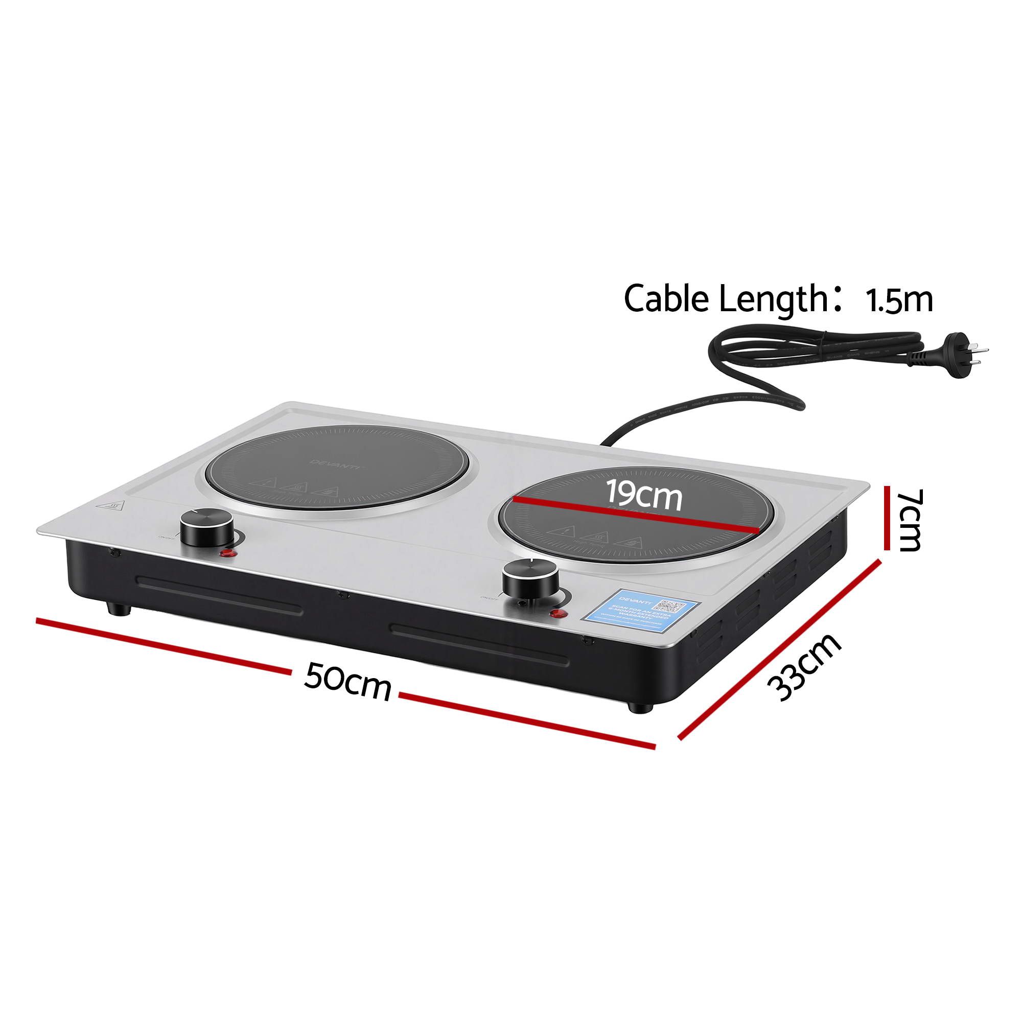 Devanti 2 Hobs Ceramic Cooktop Electric Hot Plate Infrared Knob Control 2400W - Image 2