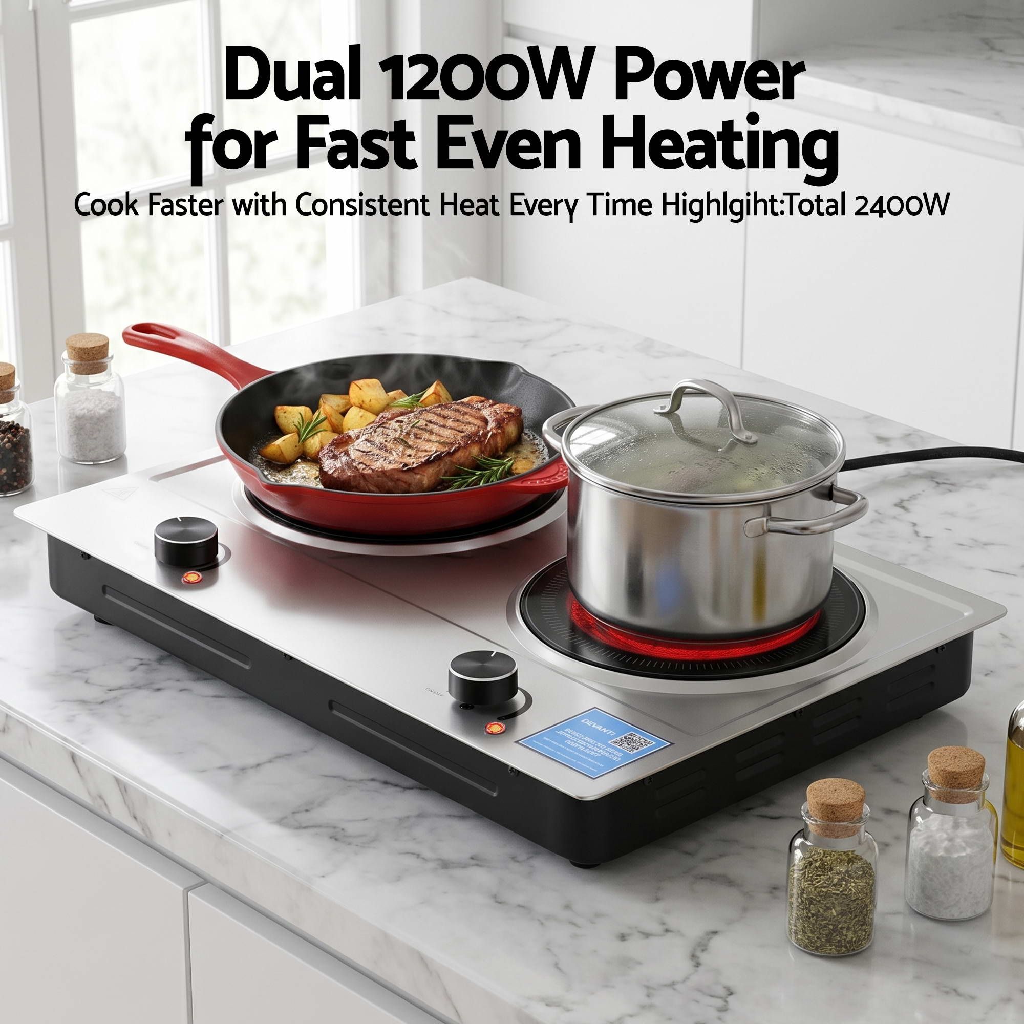 Devanti 2 Hobs Ceramic Cooktop Electric Hot Plate Infrared Knob Control 2400W - Image 4