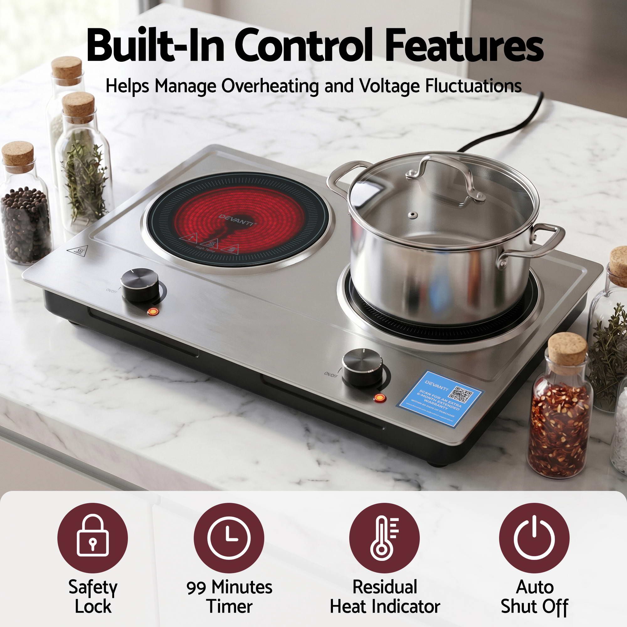 Devanti 2 Hobs Ceramic Cooktop Electric Hot Plate Infrared Knob Control 2400W - Image 5