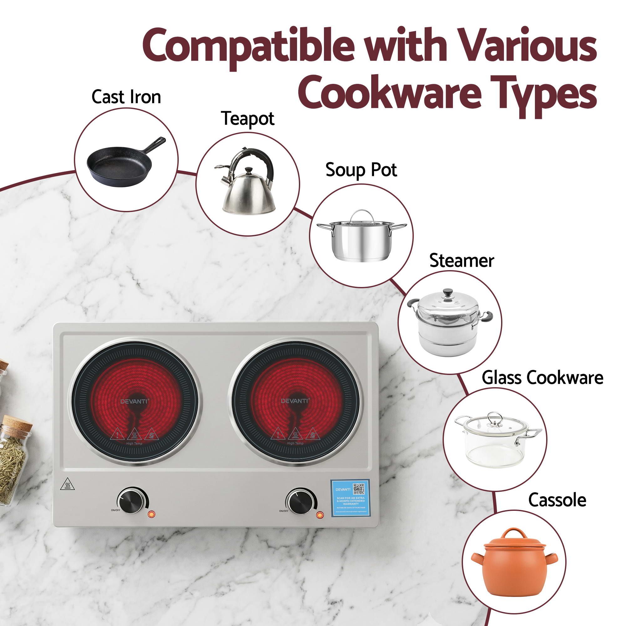 Devanti 2 Hobs Ceramic Cooktop Electric Hot Plate Infrared Knob Control 2400W - Image 7