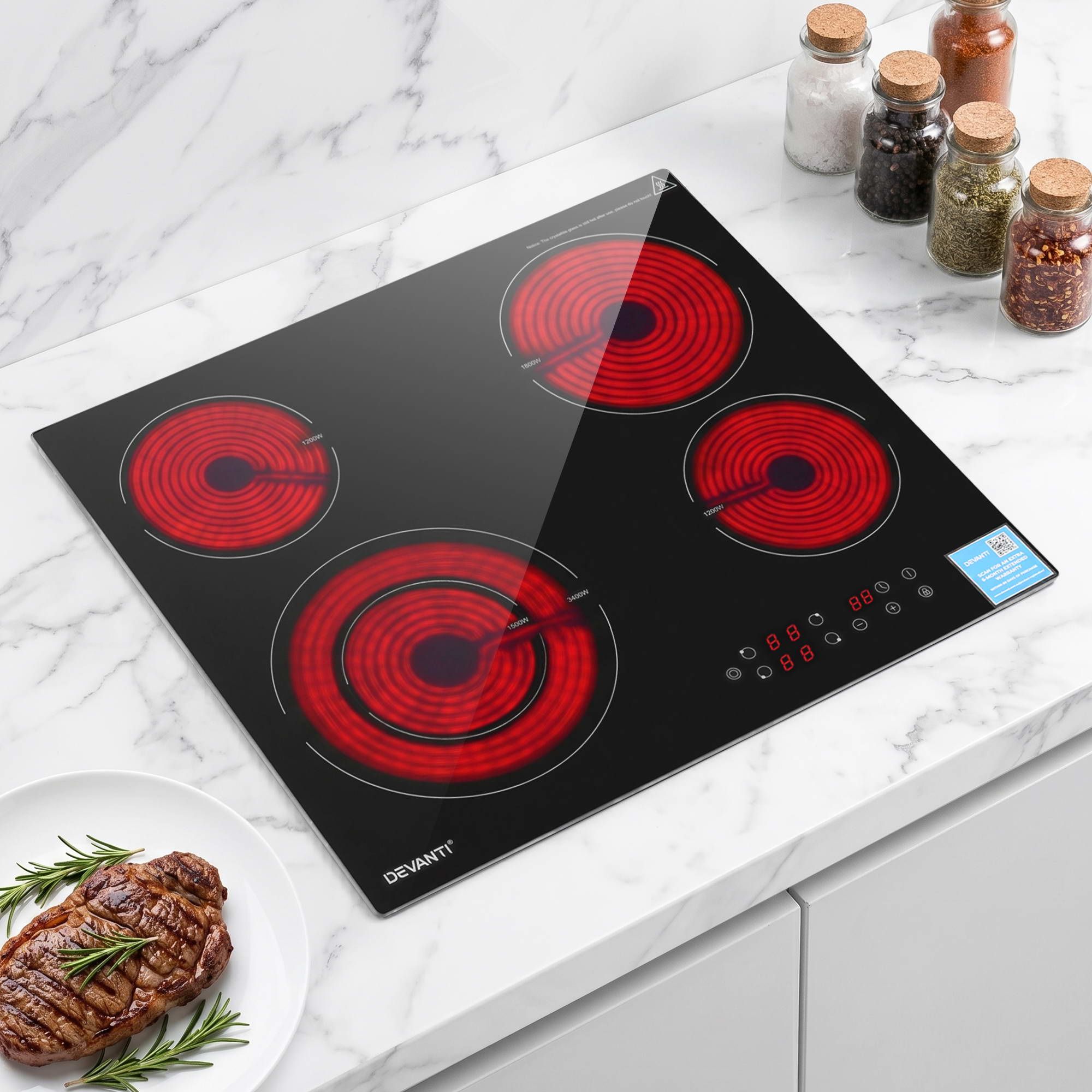 Devanti Ceramic Cooktop 5 Cooking Zone 4 Electric Hobs Touch Control 7600W Black - Image 1