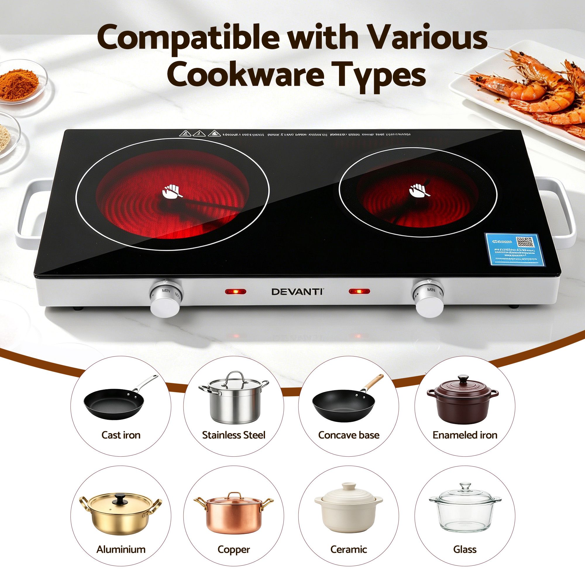 Devanti Portable Ceramic Cooktop Dual Burner Electric Hot Plate 2800W Black - Image 8