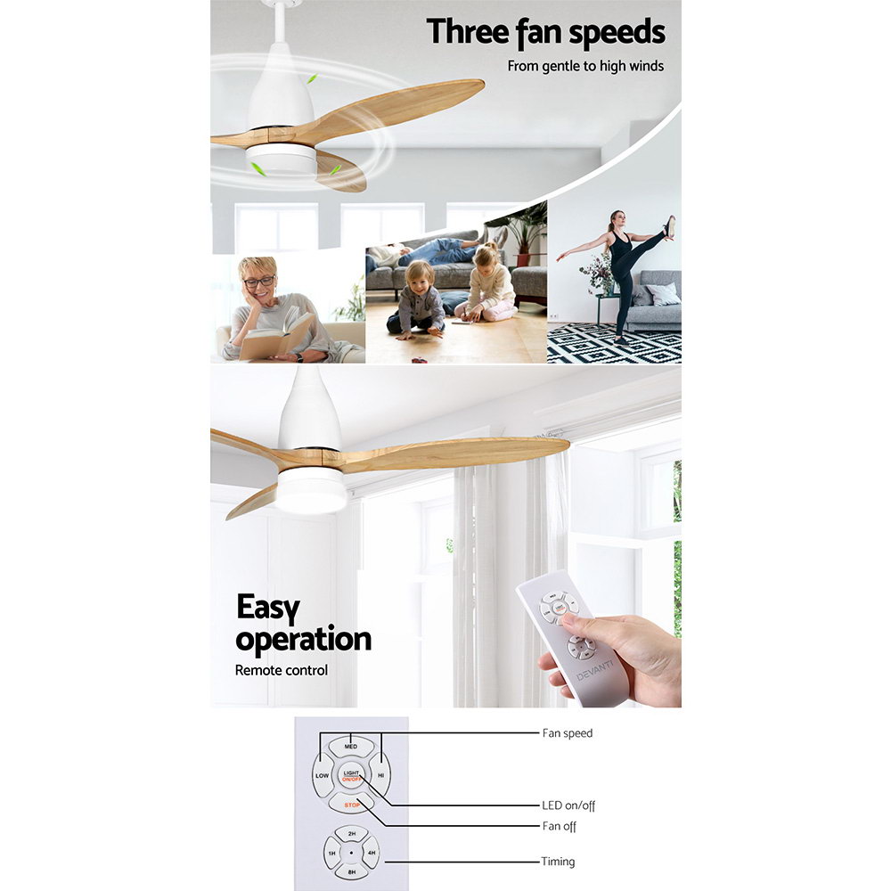 Devanti 52'' Ceiling Fan AC Motor w/Light w/Remote - Light Wood - Image 5