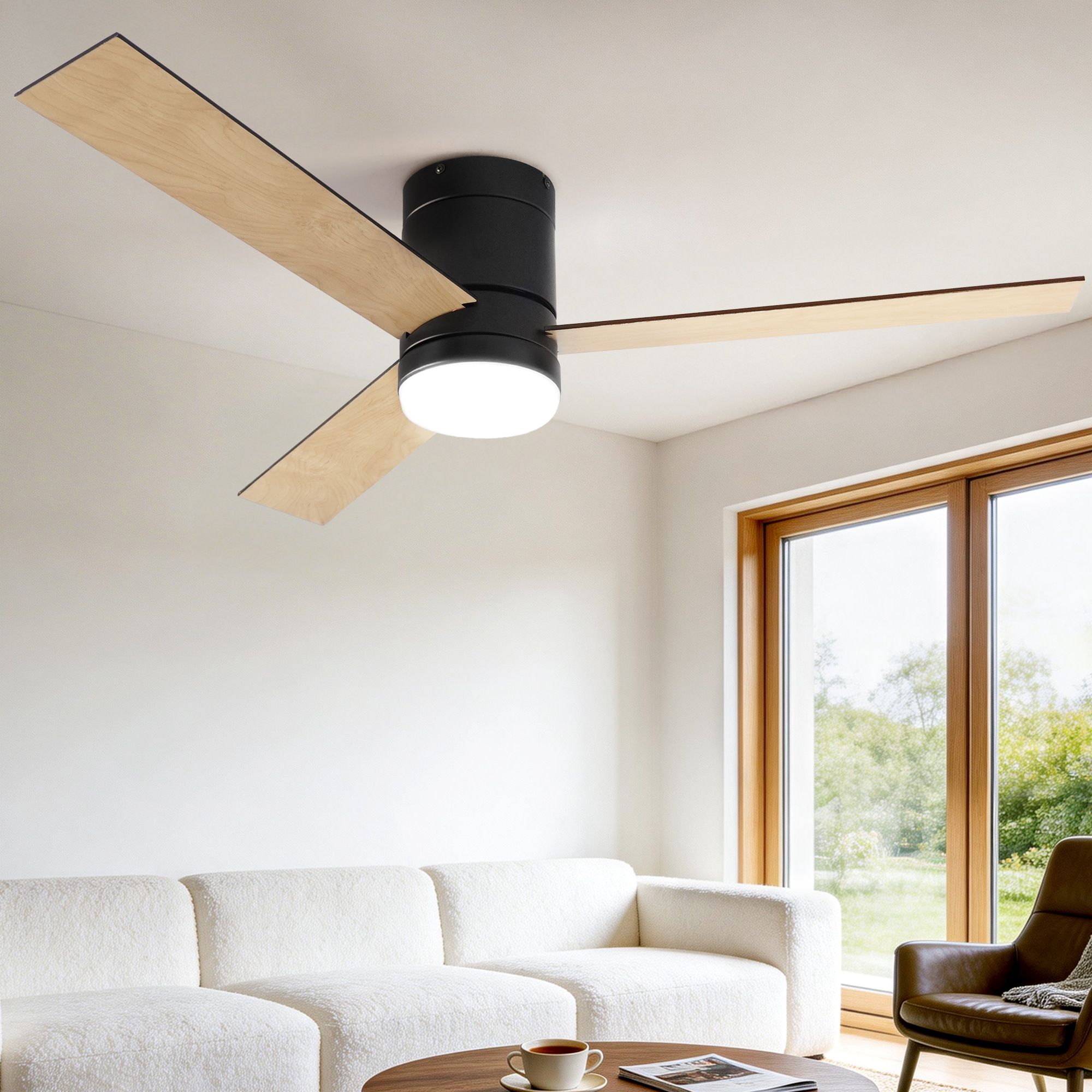 Devanti 52'' Ceiling Fan 3 Blades Double-sided DC Motor w/Light w/Remote Light Wood and bLack - Image 1