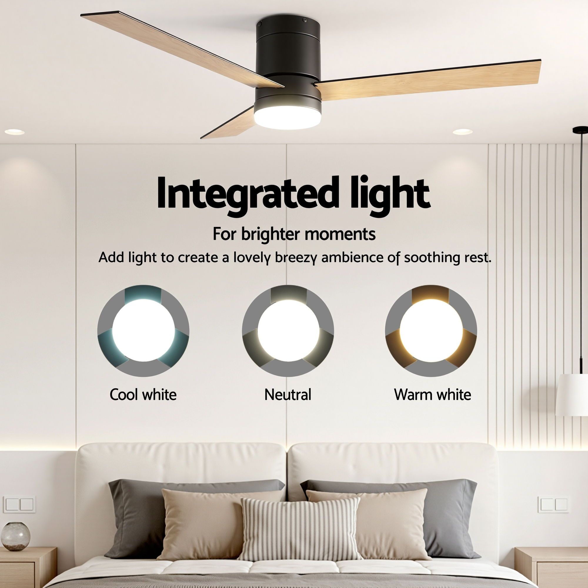 Devanti 52'' Ceiling Fan 3 Blades Double-sided DC Motor w/Light w/Remote Light Wood and bLack - Image 4