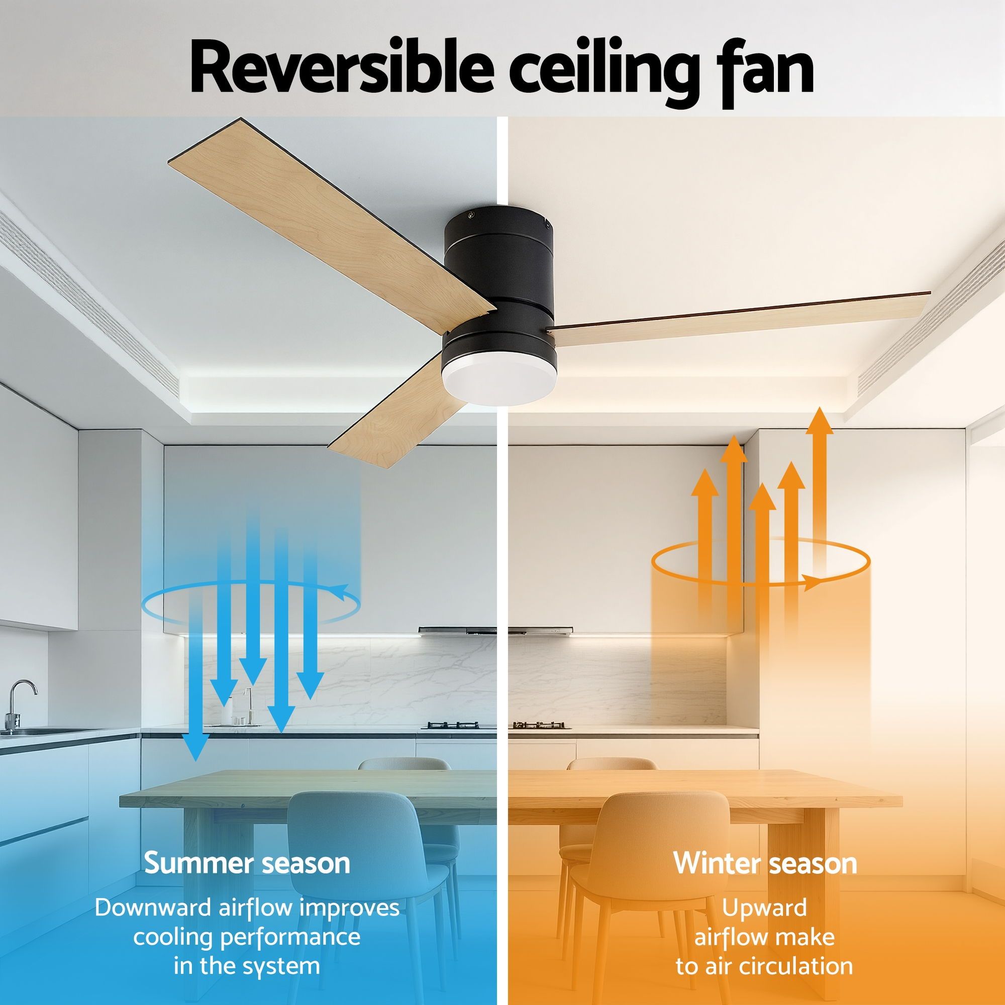 Devanti 52'' Ceiling Fan 3 Blades Double-sided DC Motor w/Light w/Remote Light Wood and bLack - Image 5