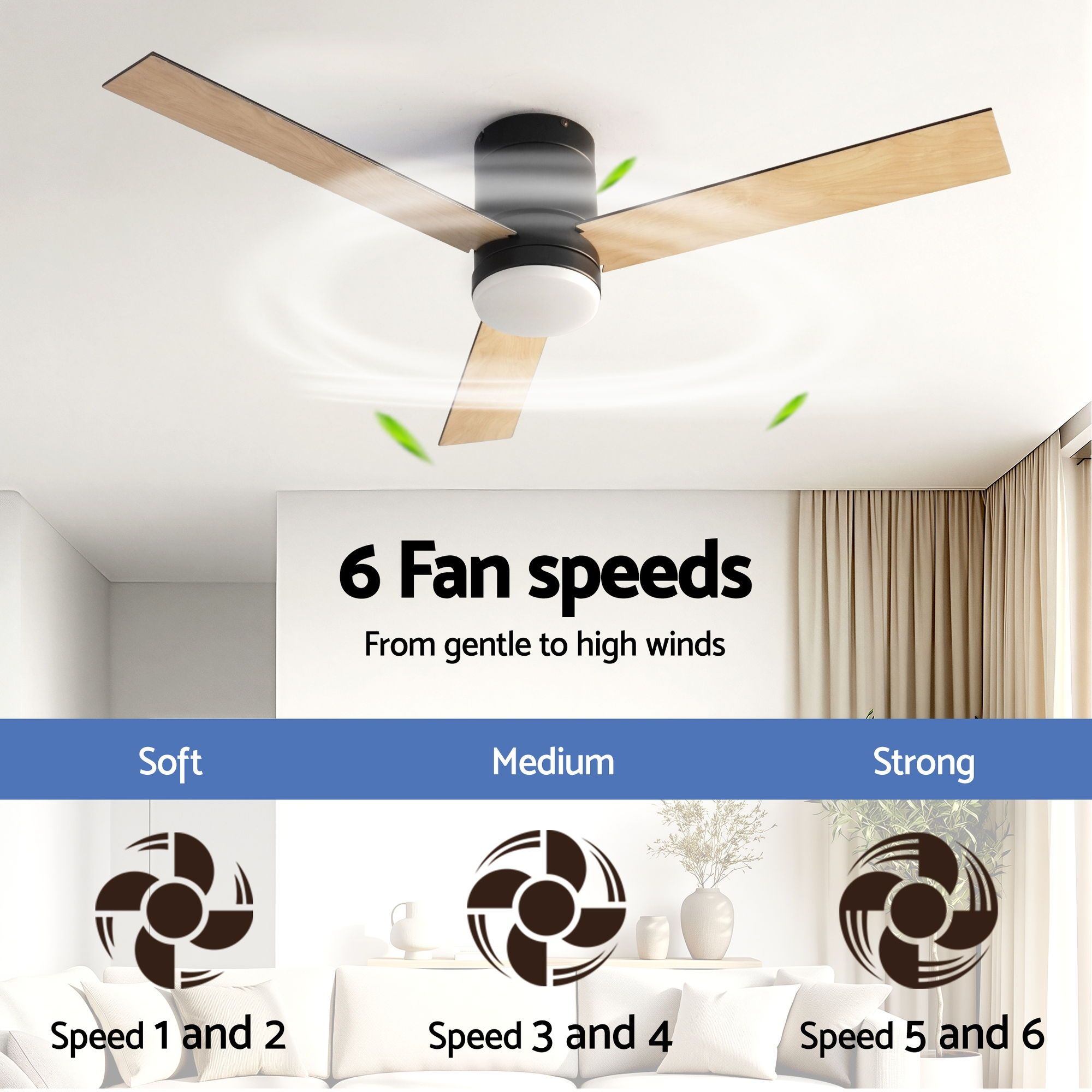 Devanti 52'' Ceiling Fan 3 Blades Double-sided DC Motor w/Light w/Remote Light Wood and bLack - Image 6
