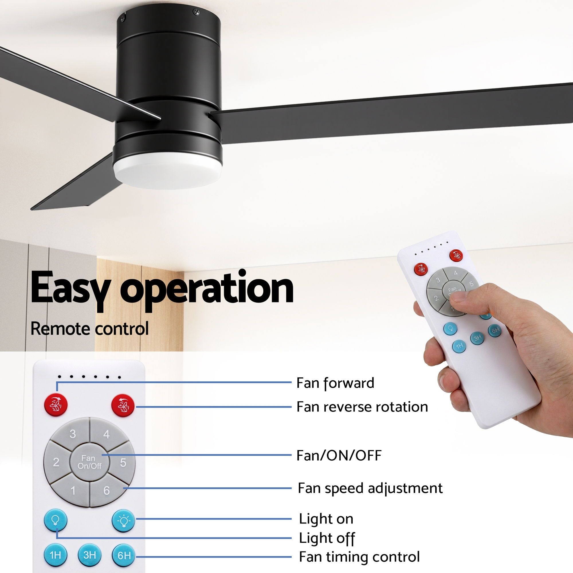 Devanti 52'' Ceiling Fan 3 Blades Double-sided DC Motor w/Light w/Remote Light Wood and bLack - Image 7