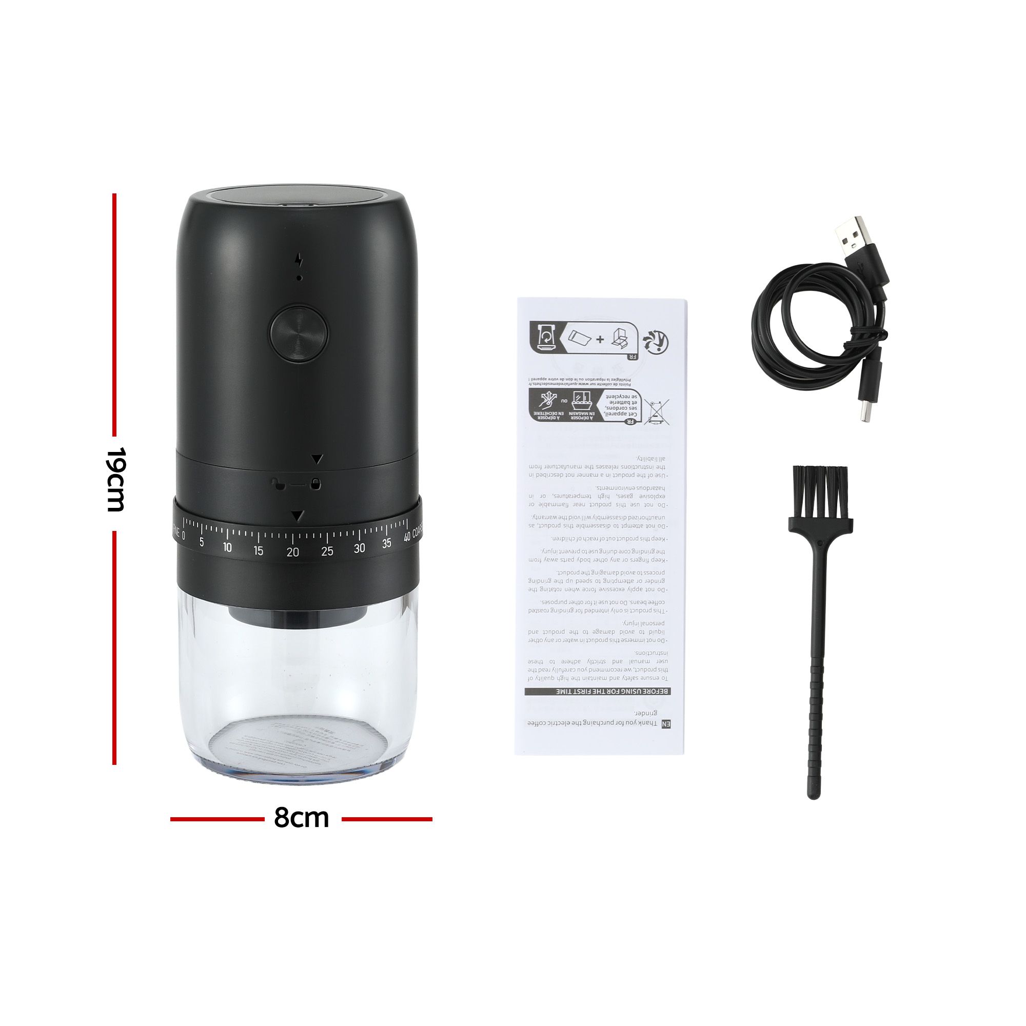 Devanti Electric Coffee Grinder USB-C Rechargeable Portable Coffee Bean Grinder with 40 Precise Grind Settings | Automatic Spice Nut Pepper Grinder Mill with Cleaning Brush & Ground Coffee Container for Home Office Camping Travel, Black - Image 2