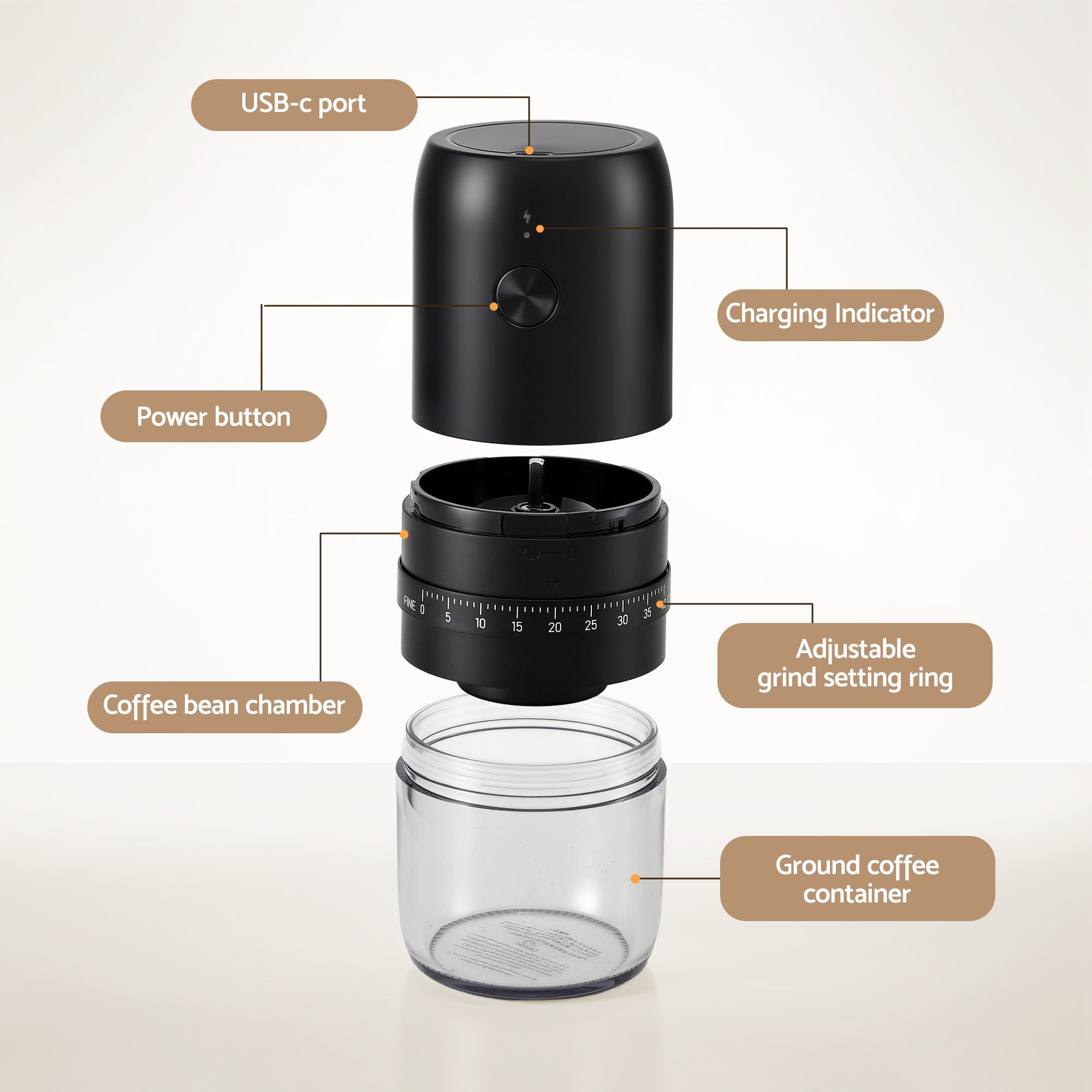 Devanti Electric Coffee Grinder USB-C Rechargeable Portable Coffee Bean Grinder with 40 Precise Grind Settings | Automatic Spice Nut Pepper Grinder Mill with Cleaning Brush & Ground Coffee Container for Home Office Camping Travel, Black - Image 4