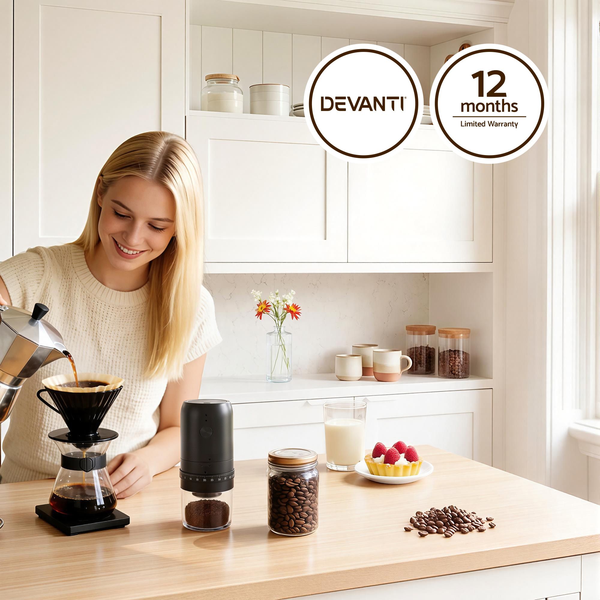 Devanti Electric Coffee Grinder USB-C Rechargeable Portable Coffee Bean Grinder with 40 Precise Grind Settings | Automatic Spice Nut Pepper Grinder Mill with Cleaning Brush & Ground Coffee Container for Home Office Camping Travel, Black - Image 5