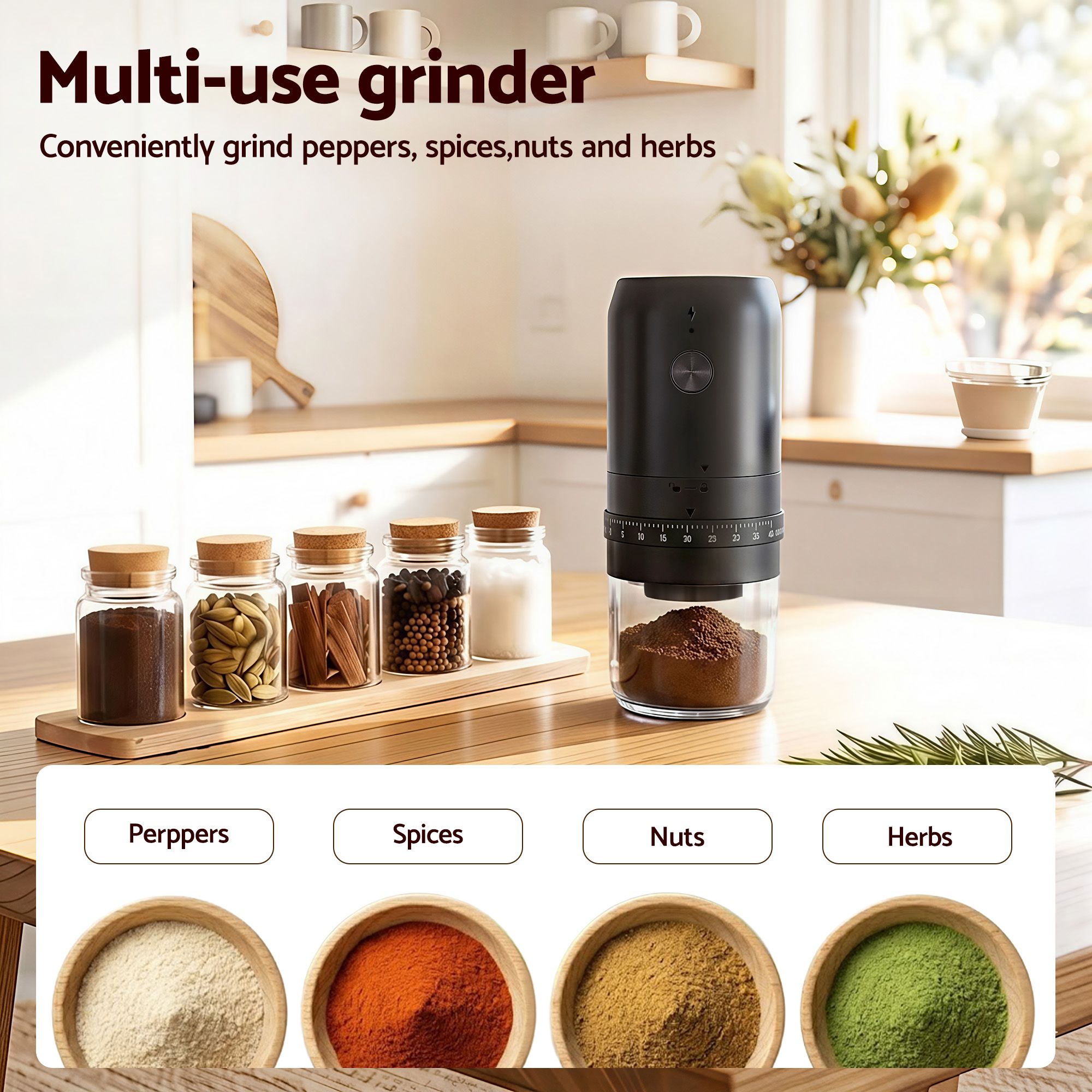 Devanti Electric Coffee Grinder USB-C Rechargeable Portable Coffee Bean Grinder with 40 Precise Grind Settings | Automatic Spice Nut Pepper Grinder Mill with Cleaning Brush & Ground Coffee Container for Home Office Camping Travel, Black - Image 6