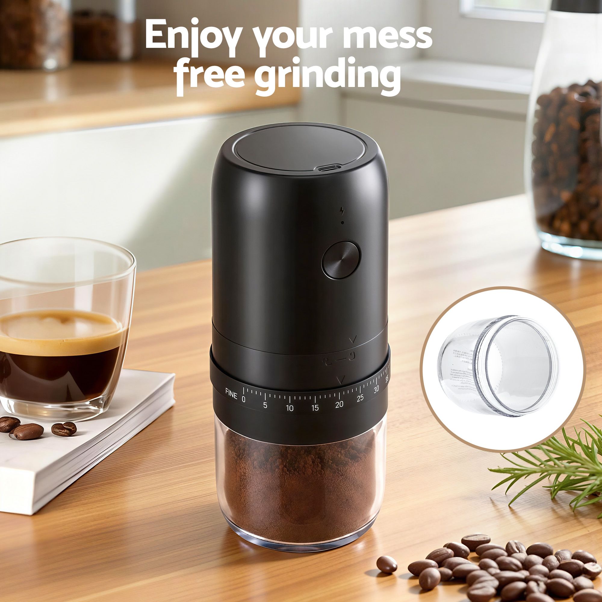 Devanti Electric Coffee Grinder USB-C Rechargeable Portable Coffee Bean Grinder with 40 Precise Grind Settings | Automatic Spice Nut Pepper Grinder Mill with Cleaning Brush & Ground Coffee Container for Home Office Camping Travel, Black - Image 7