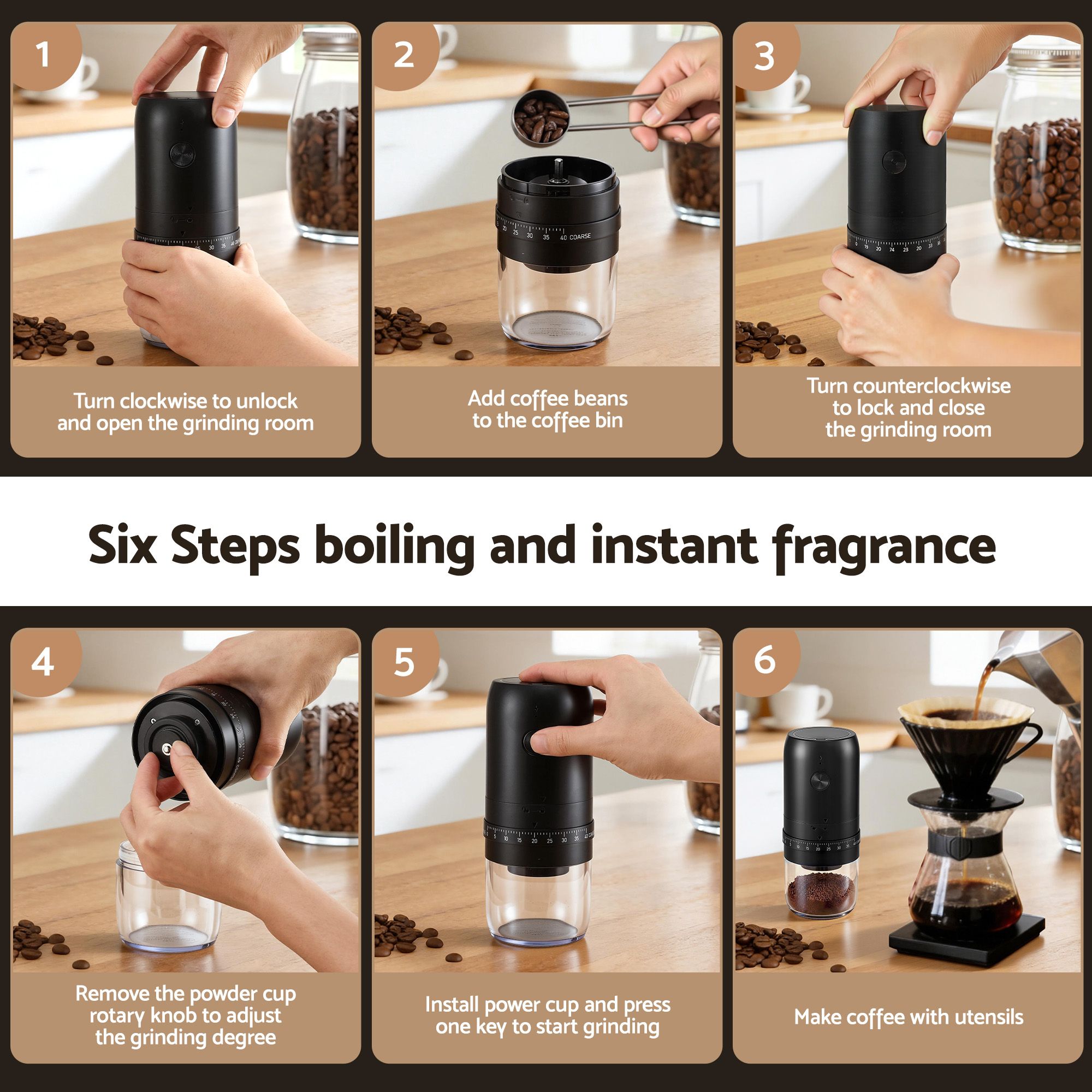 Devanti Electric Coffee Grinder USB-C Rechargeable Portable Coffee Bean Grinder with 40 Precise Grind Settings | Automatic Spice Nut Pepper Grinder Mill with Cleaning Brush & Ground Coffee Container for Home Office Camping Travel, Black - Image 8