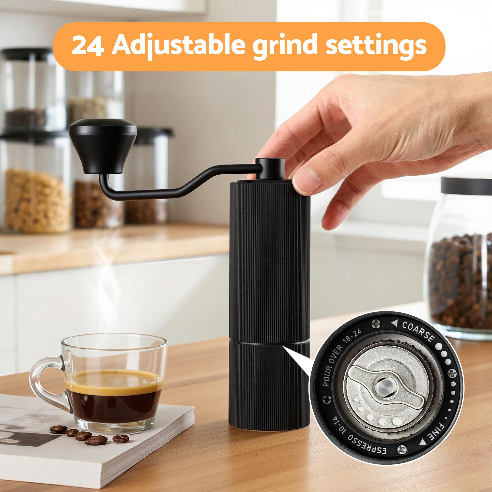 Devanti Manual Coffee Grinder with 24 Adjustable Settings | Hand Coffee Bean Burr Mill for Espresso French Press | Portable Stainless Steel Quiet Grinder with Storage Bag for Travel Camping, Black - Image 4