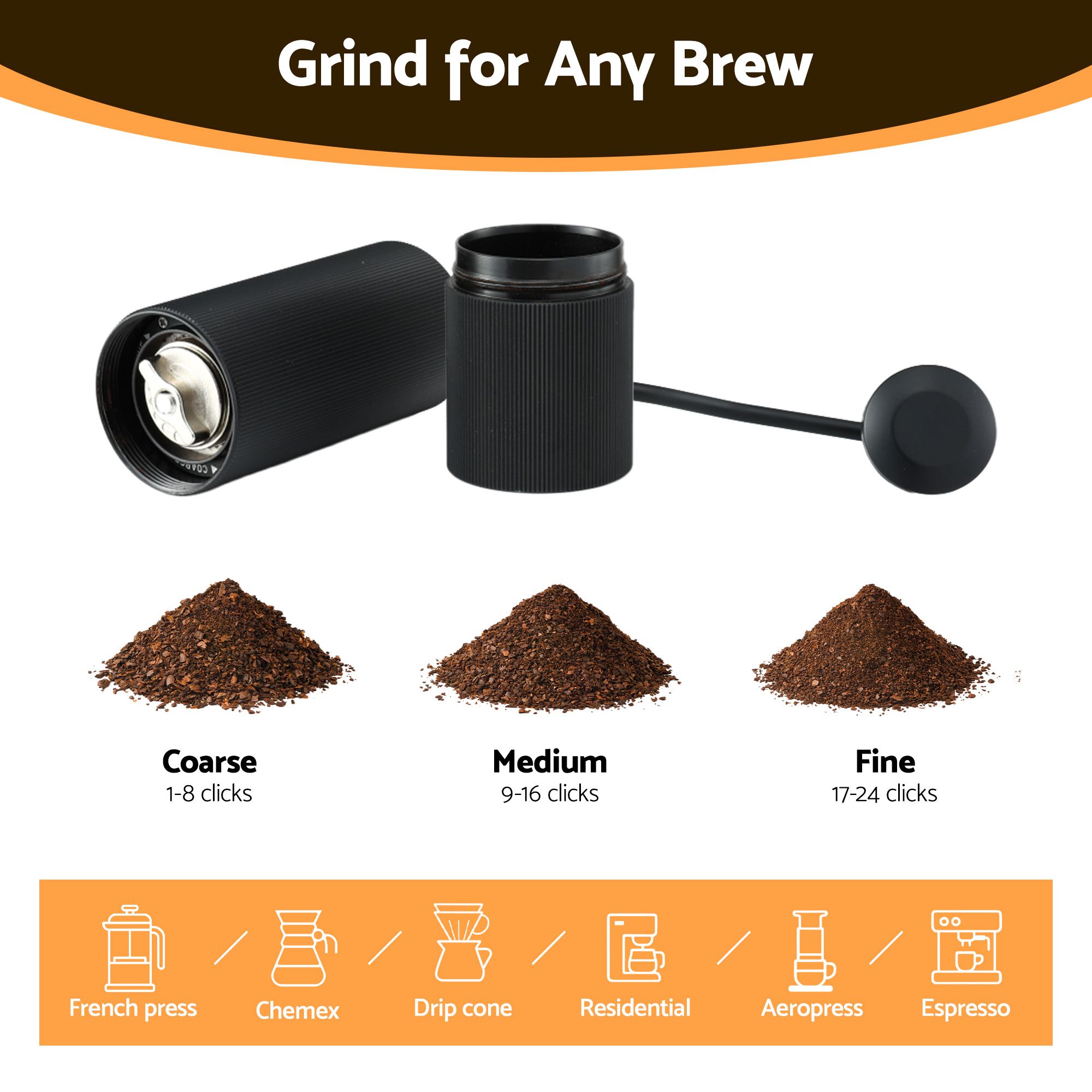 Devanti Manual Coffee Grinder with 24 Adjustable Settings | Hand Coffee Bean Burr Mill for Espresso French Press | Portable Stainless Steel Quiet Grinder with Storage Bag for Travel Camping, Black - Image 5