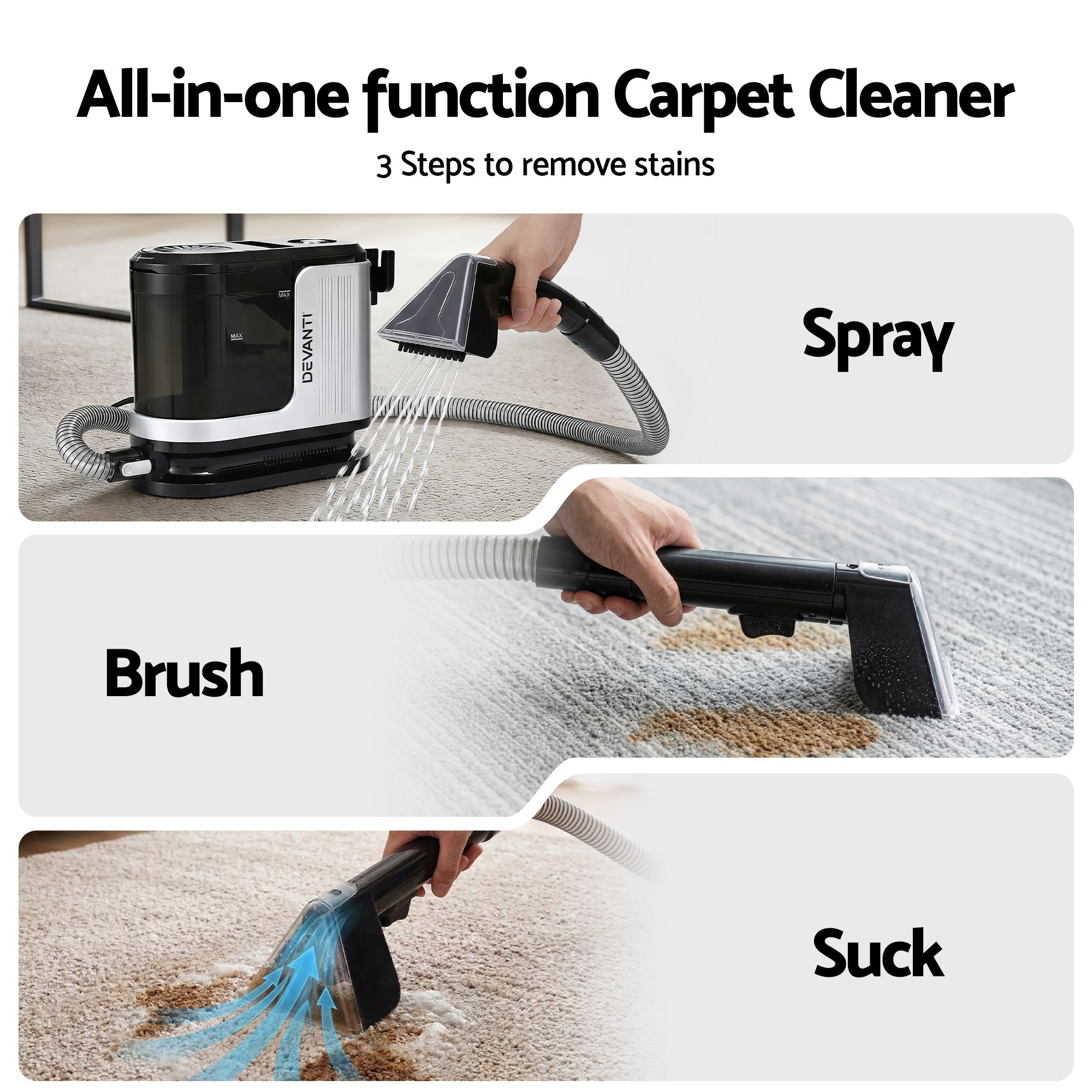 Devanti Carpet Washer Vacuum Cleaner 600W 13kpa Hose Self-Cleaning Function - Image 4