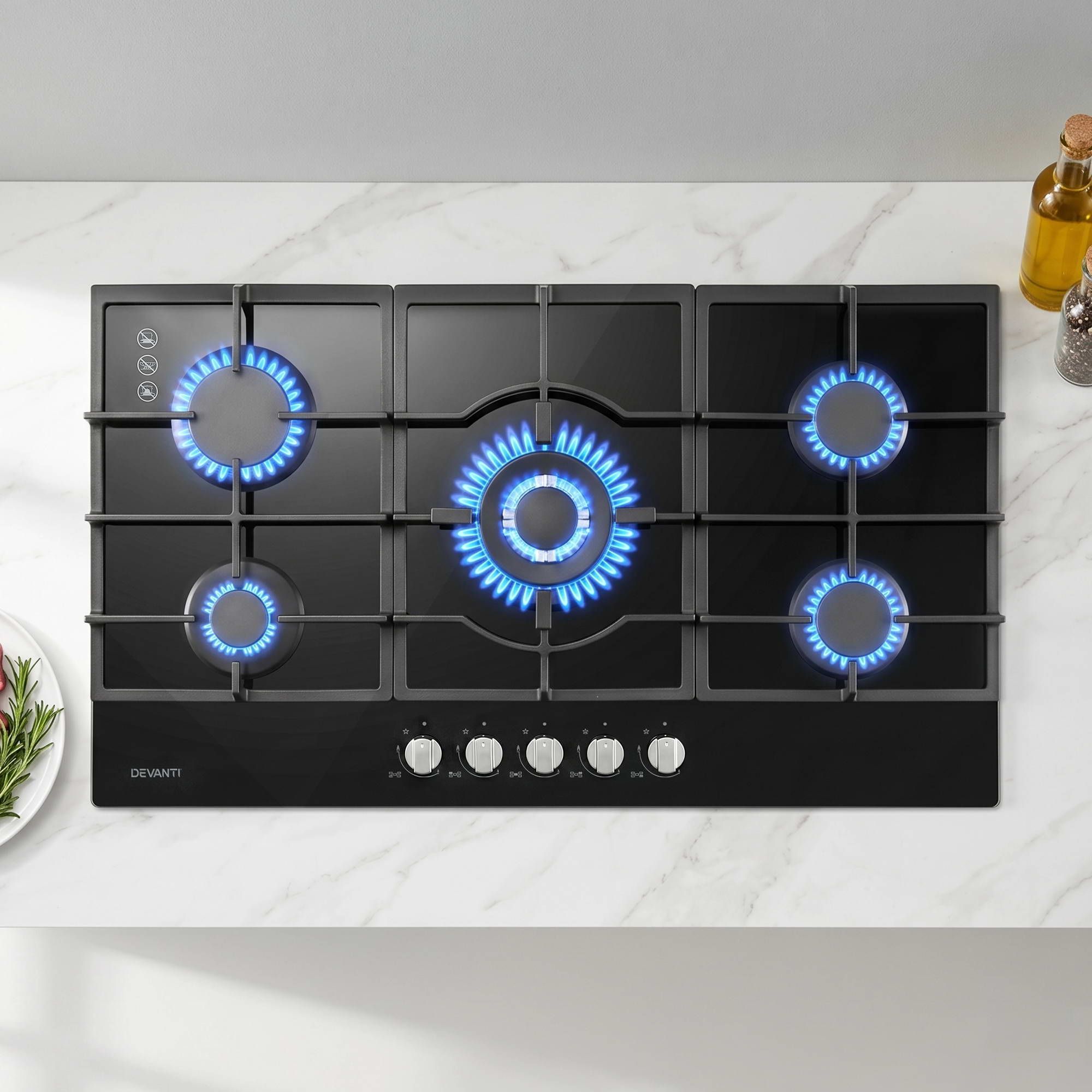 Devanti 90cm Gas Cooktop 5 Burner LPG NG Tempered Glass Hob Black - Image 1