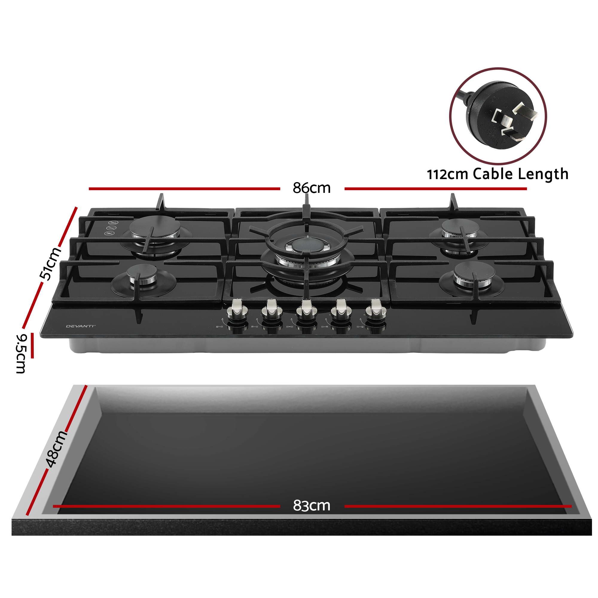 Devanti 90cm Gas Cooktop 5 Burner LPG NG Tempered Glass Hob Black - Image 2