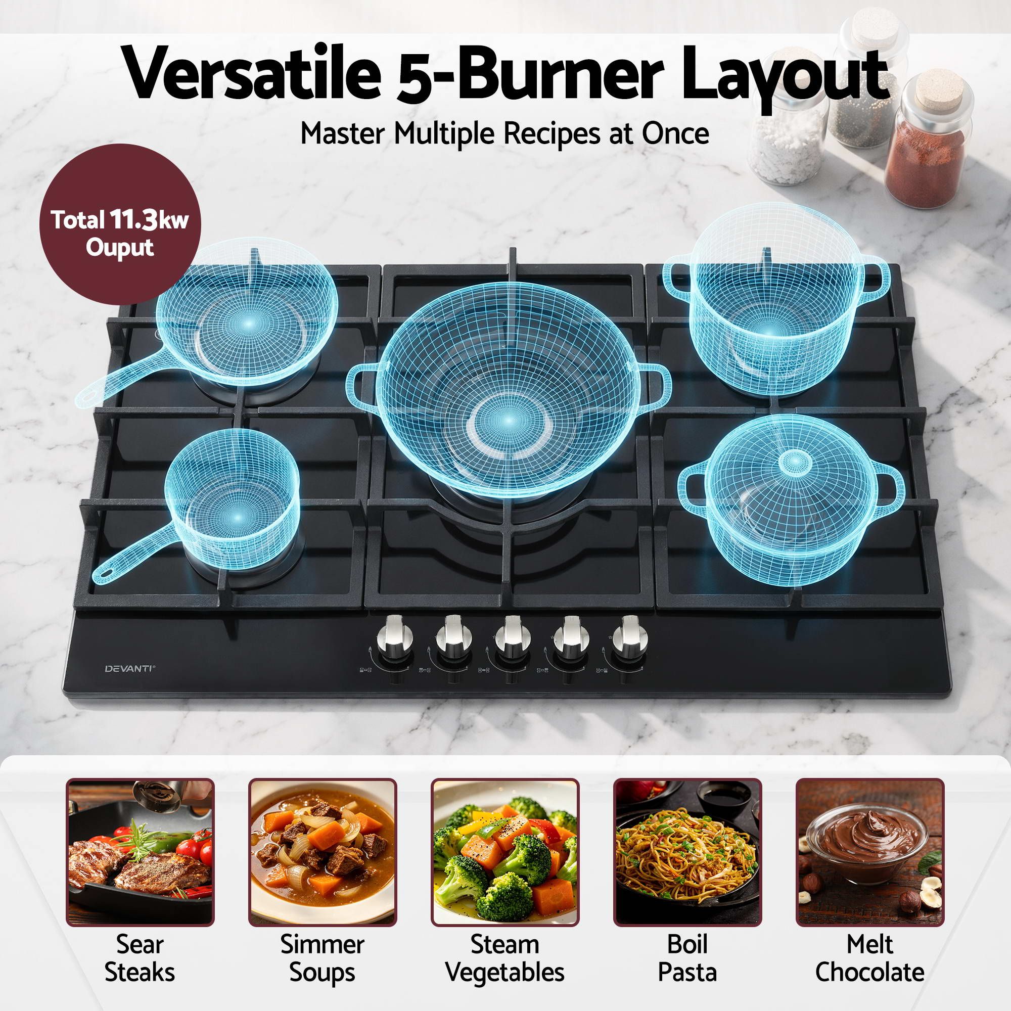 Devanti 90cm Gas Cooktop 5 Burner LPG NG Tempered Glass Hob Black - Image 4