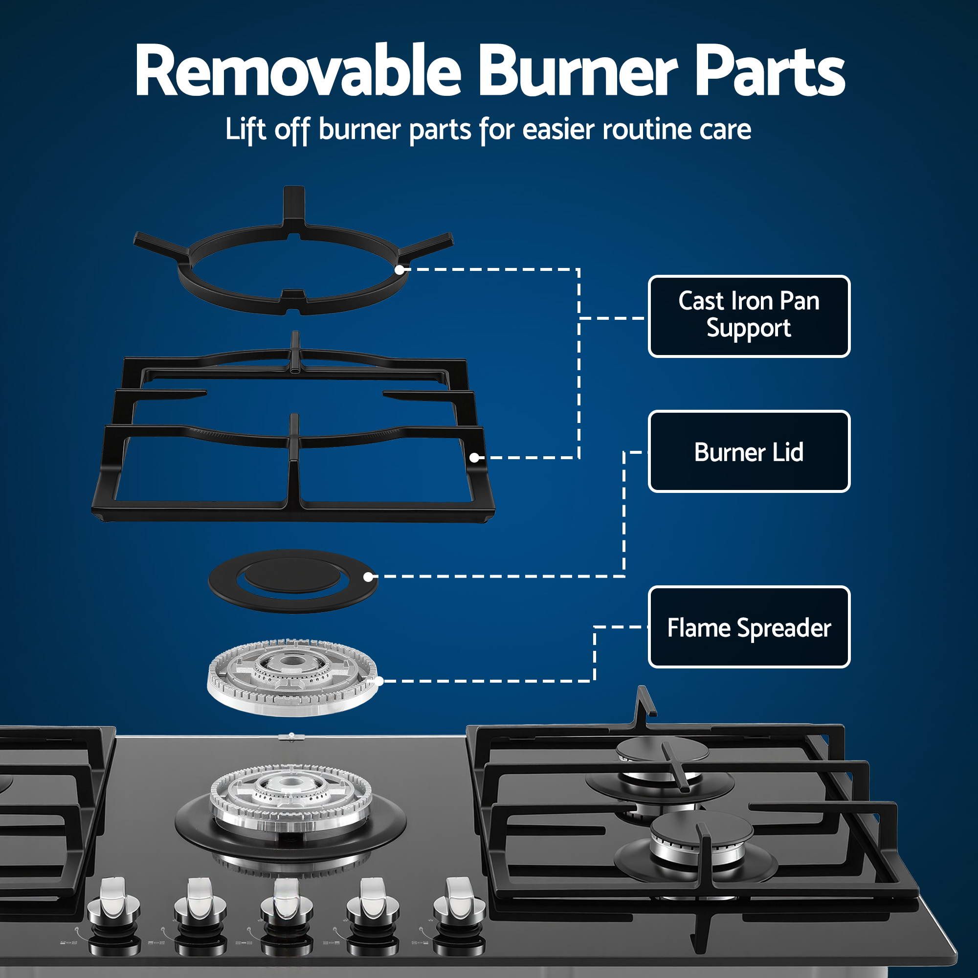 Devanti 90cm Gas Cooktop 5 Burner LPG NG Tempered Glass Hob Black - Image 5