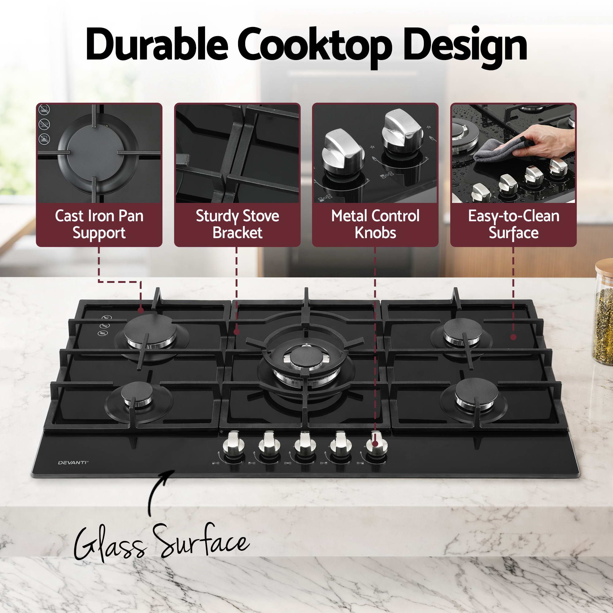 Devanti 90cm Gas Cooktop 5 Burner LPG NG Tempered Glass Hob Black - Image 7