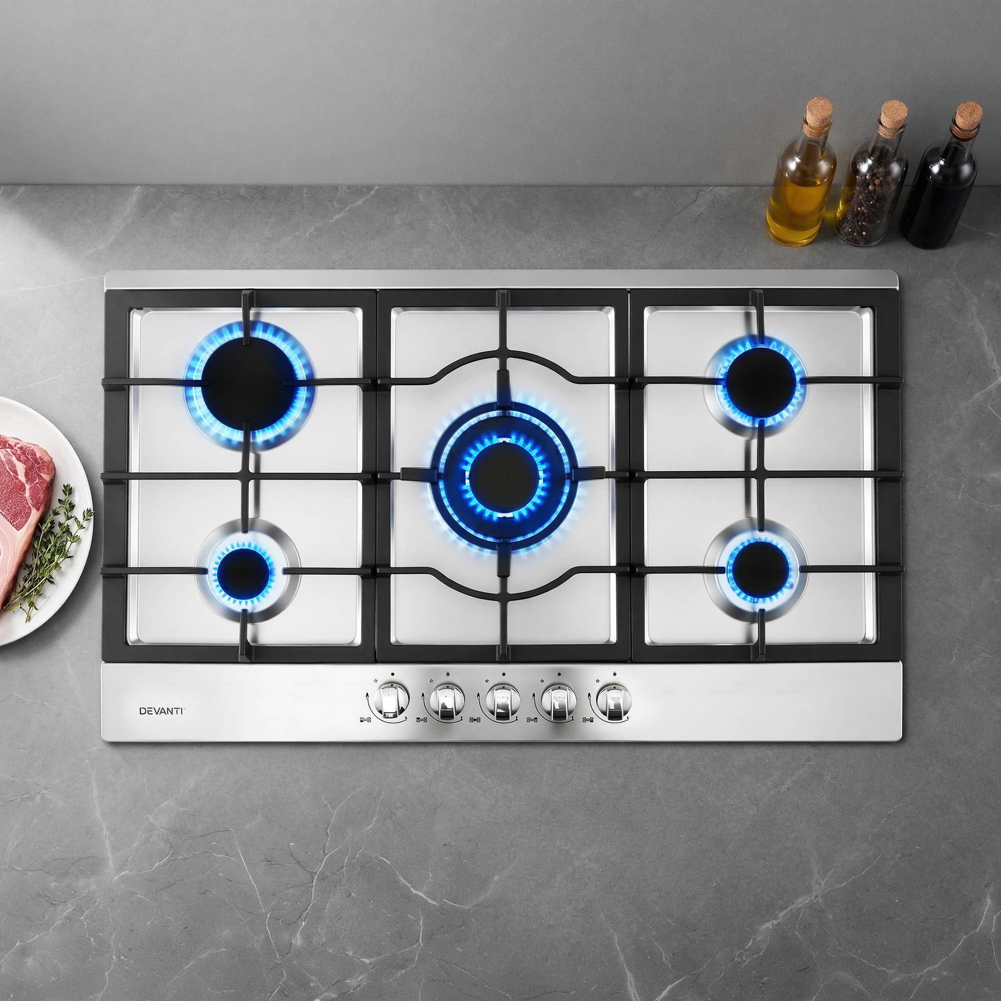 Devanti 90cm Gas Cooktop 5 Burner LPG NG Stainless Steel Hob Silver - Image 1