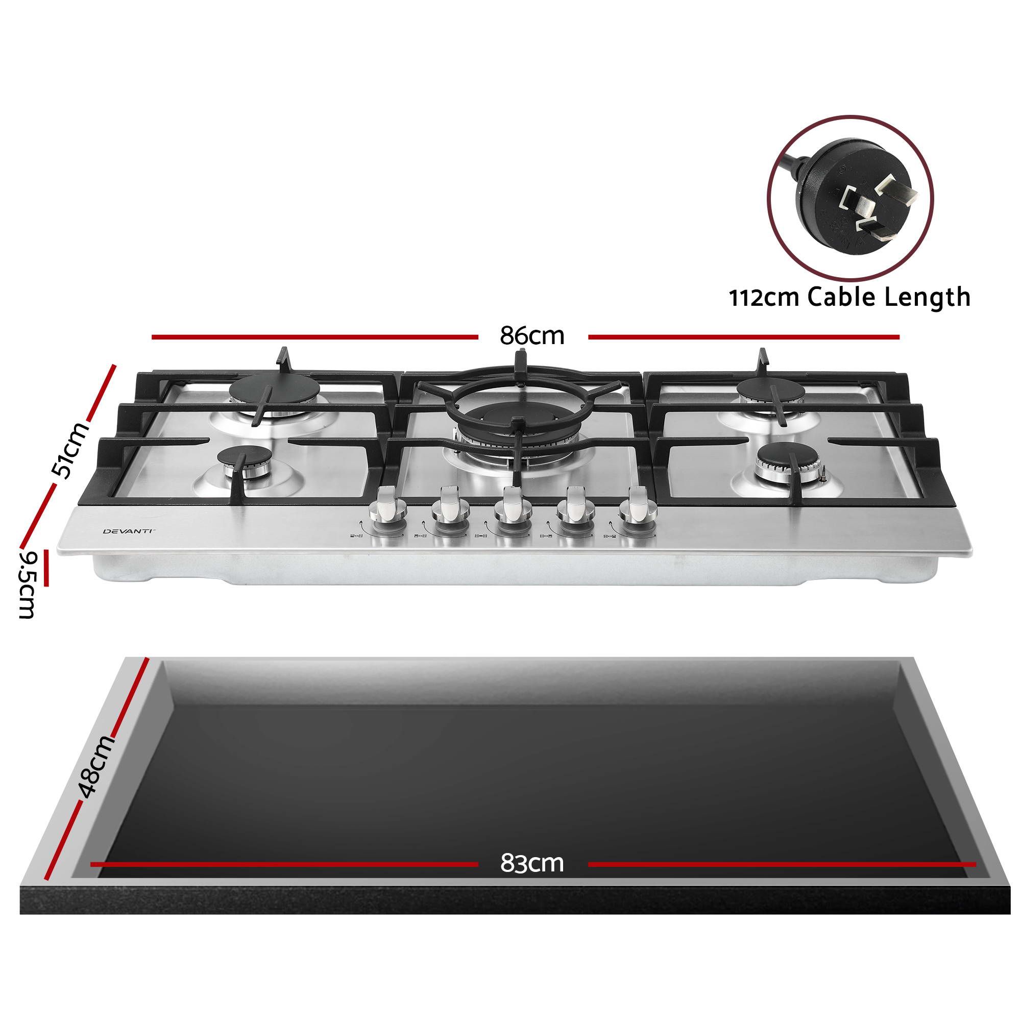 Devanti 90cm Gas Cooktop 5 Burner LPG NG Stainless Steel Hob Silver - Image 2