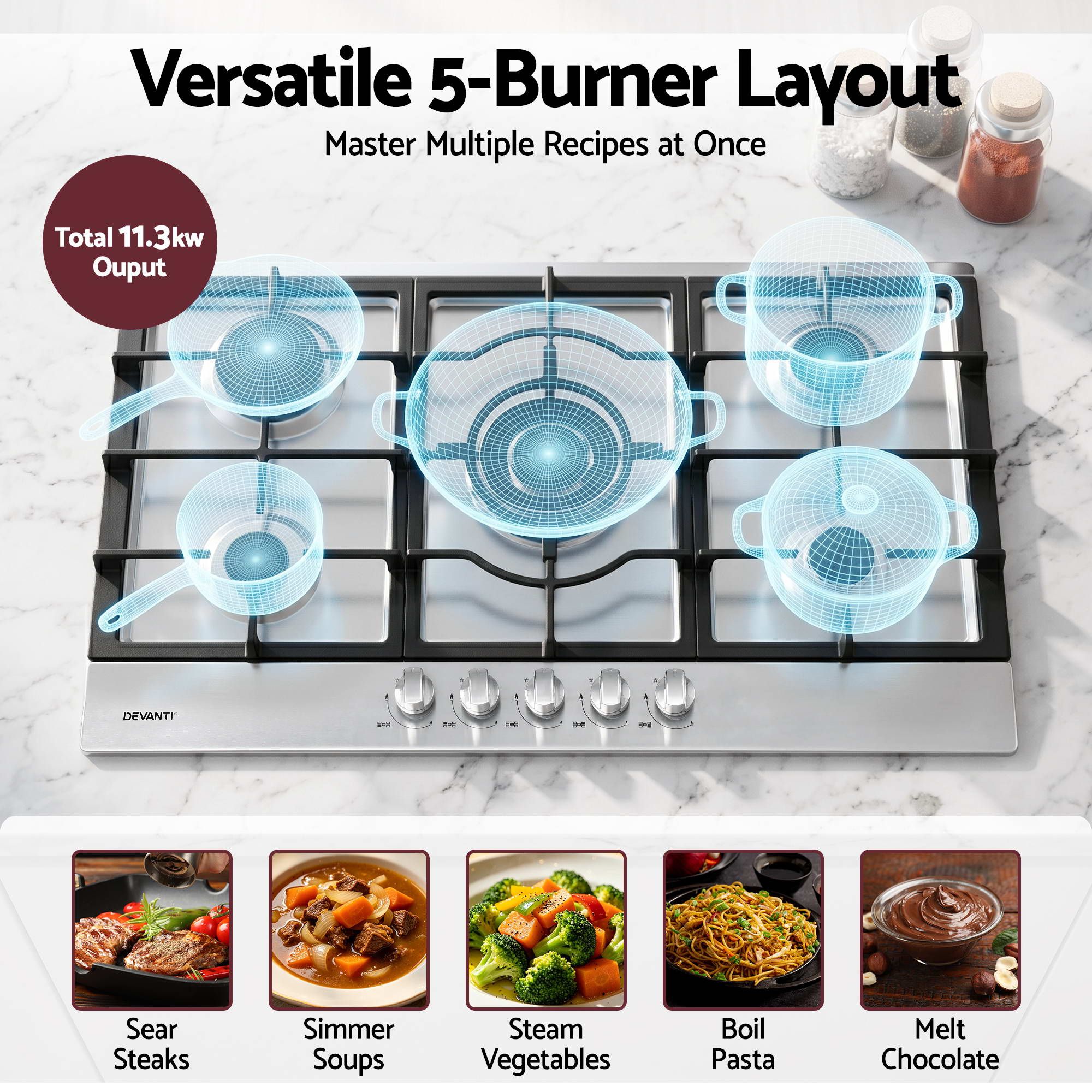 Devanti 90cm Gas Cooktop 5 Burner LPG NG Stainless Steel Hob Silver - Image 4