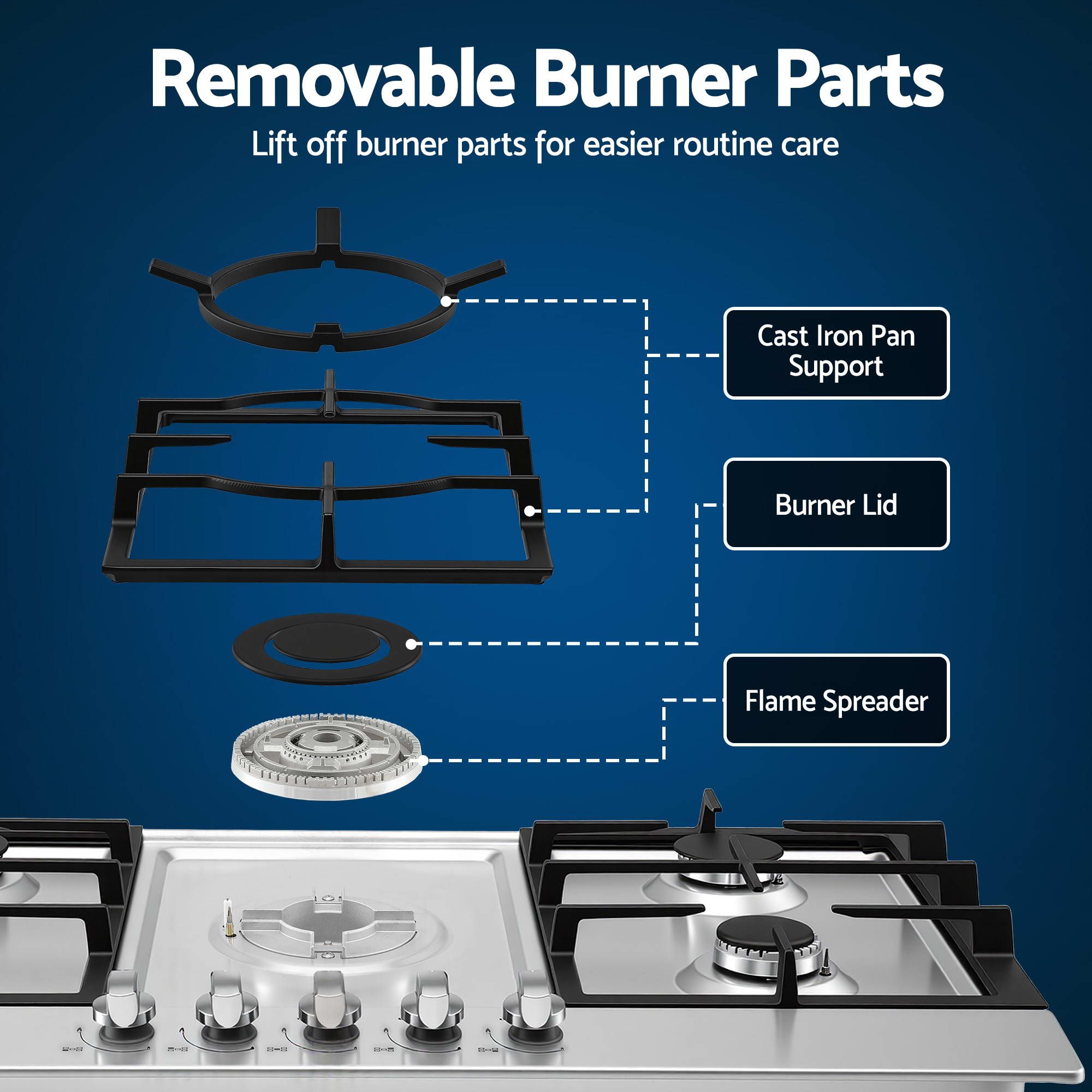 Devanti 90cm Gas Cooktop 5 Burner LPG NG Stainless Steel Hob Silver - Image 5