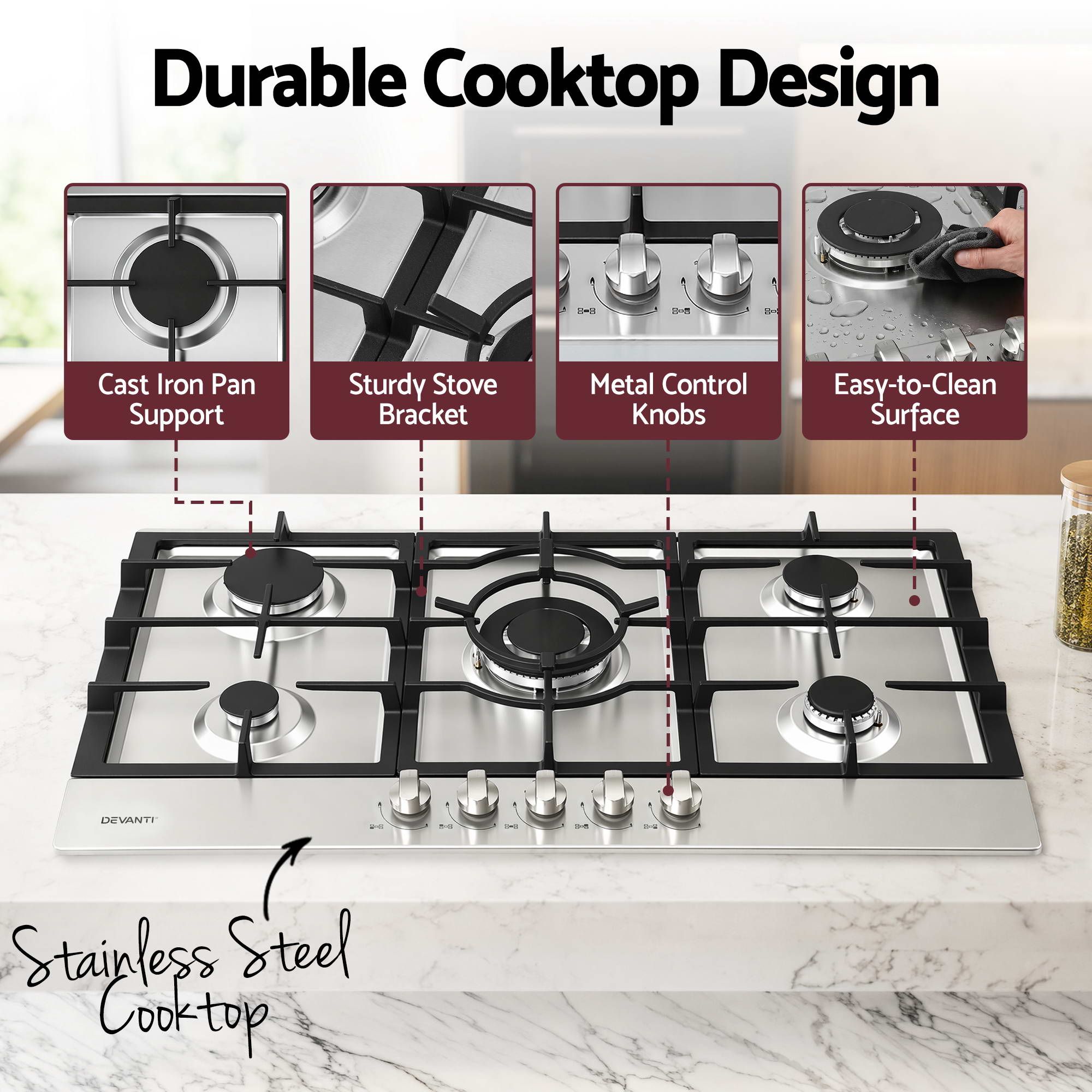 Devanti 90cm Gas Cooktop 5 Burner LPG NG Stainless Steel Hob Silver - Image 7