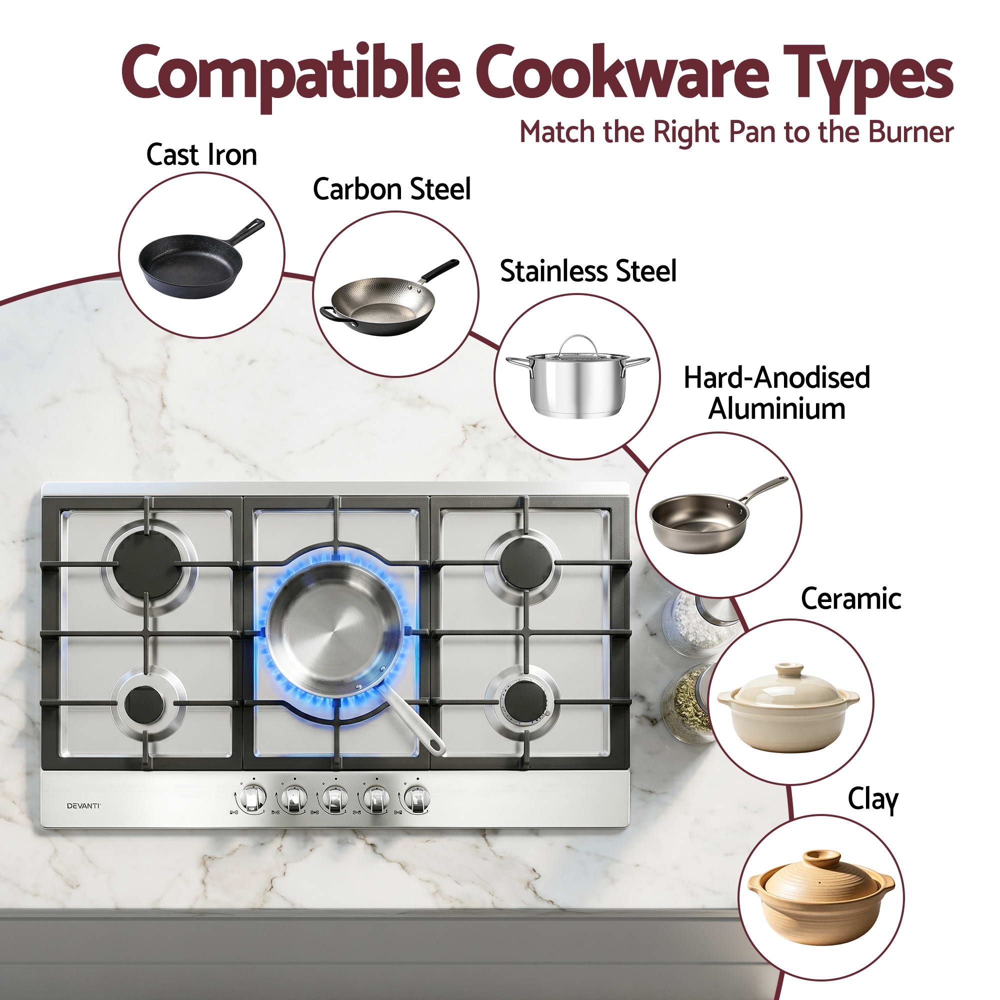 Devanti 90cm Gas Cooktop 5 Burner LPG NG Stainless Steel Hob Silver - Image 8