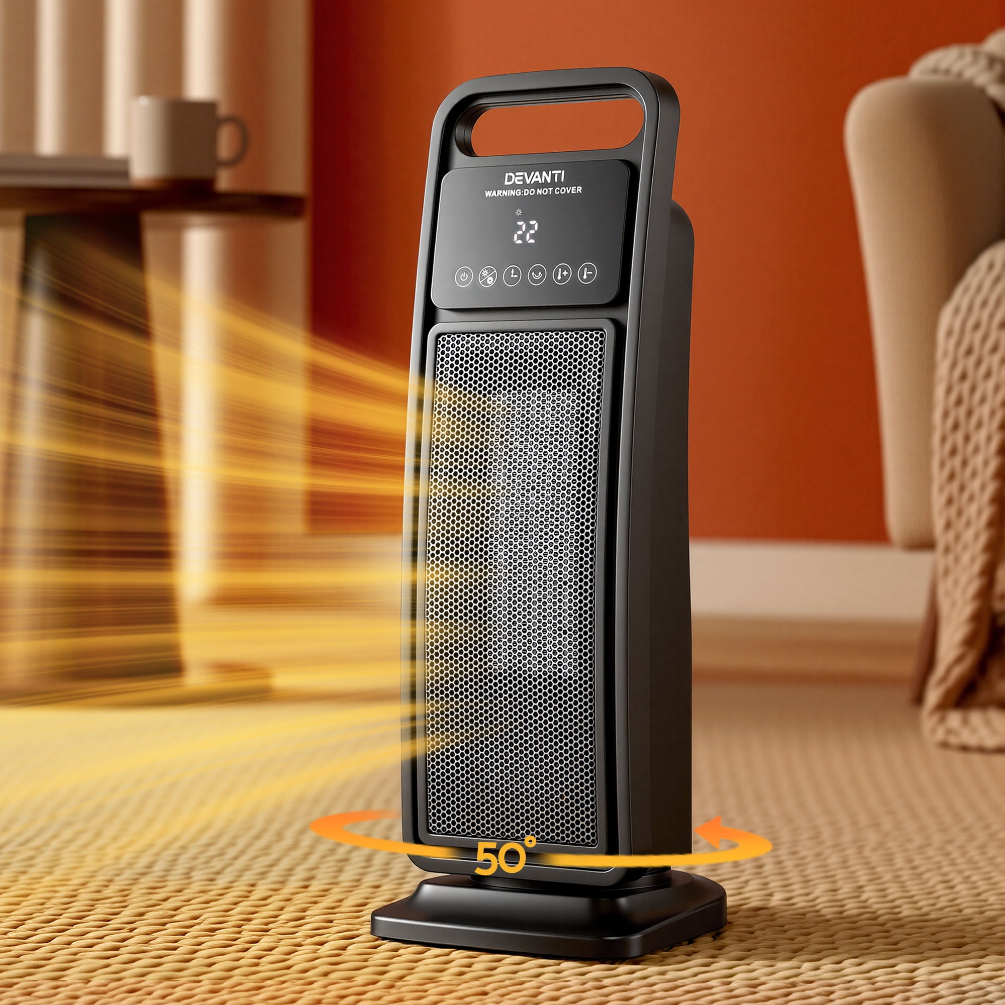 Devanti 2000W Ceramic Tower Heater Space Heaters Indoor Oscillating Black - Image 1