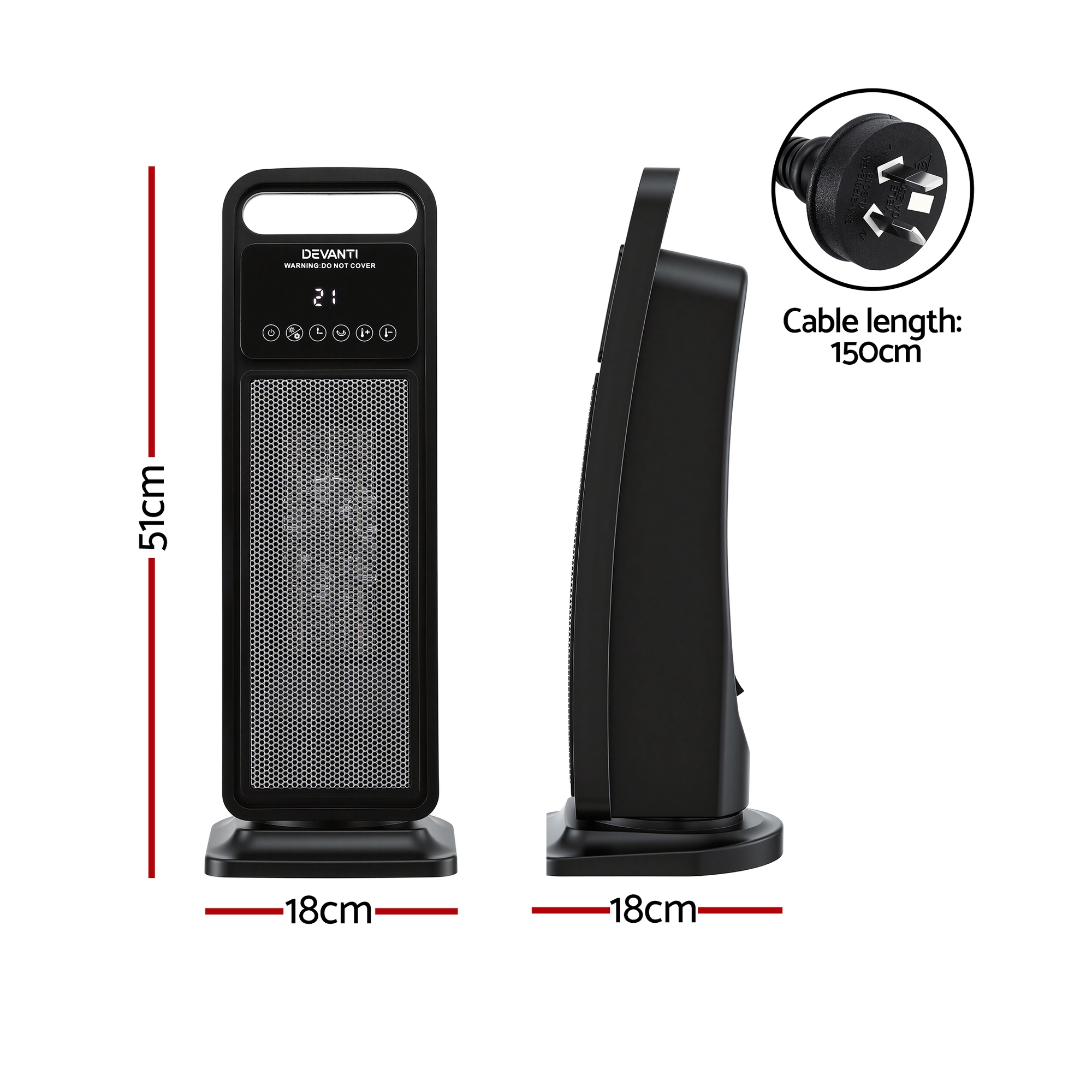 Devanti 2000W Ceramic Tower Heater Space Heaters Indoor Oscillating Black - Image 2