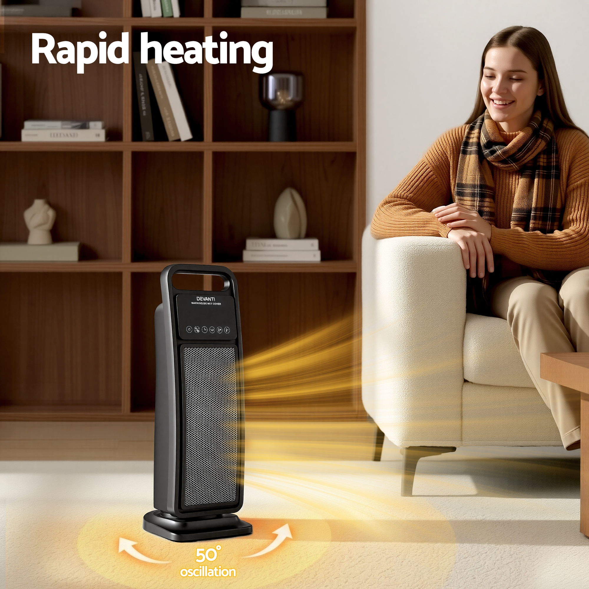 Devanti 2000W Ceramic Tower Heater Space Heaters Indoor Oscillating Black - Image 4