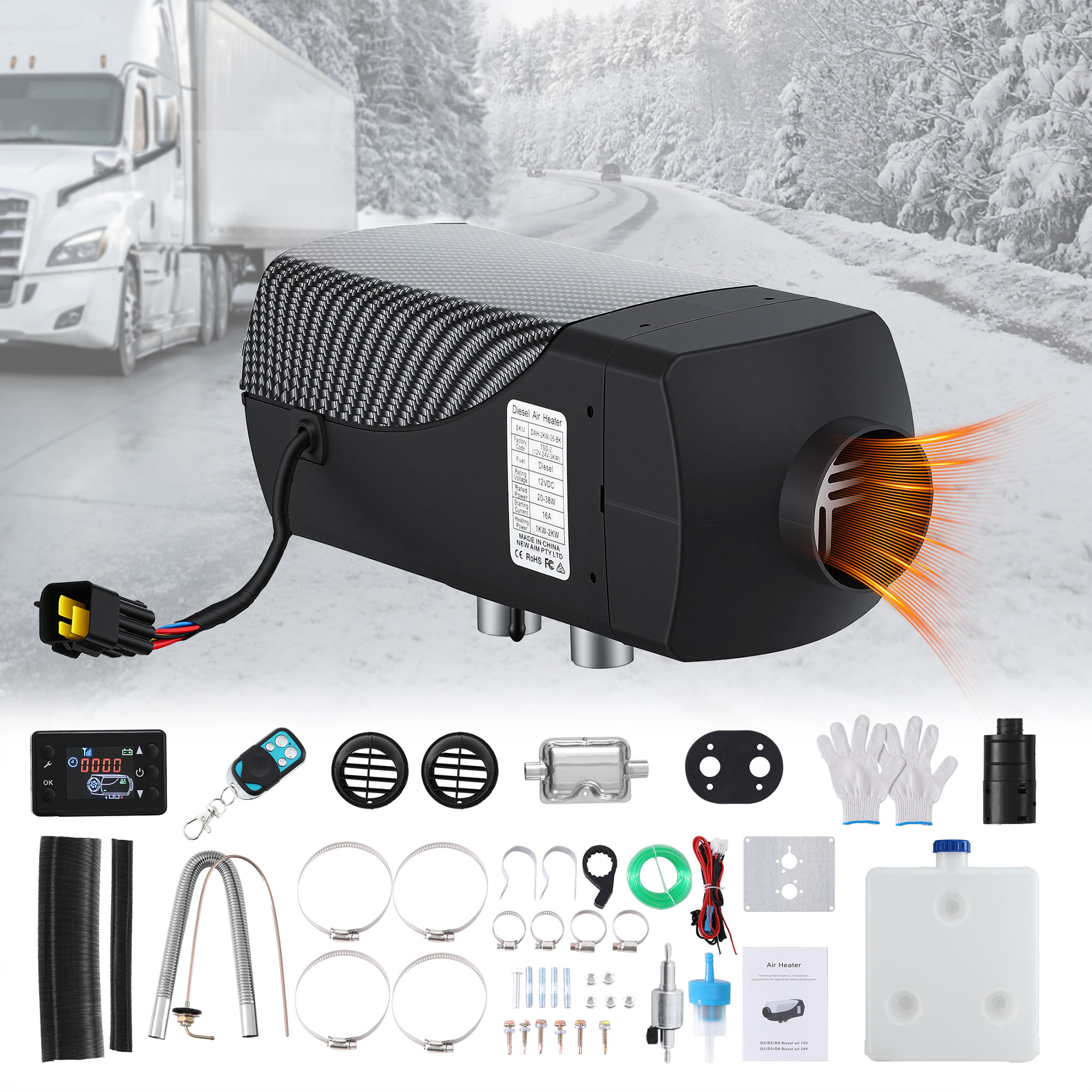 Giantz Diesel Air Heater 12-24V 2KW LCD Display Remote Control for Car Bus RV Indoor Black - Image 1