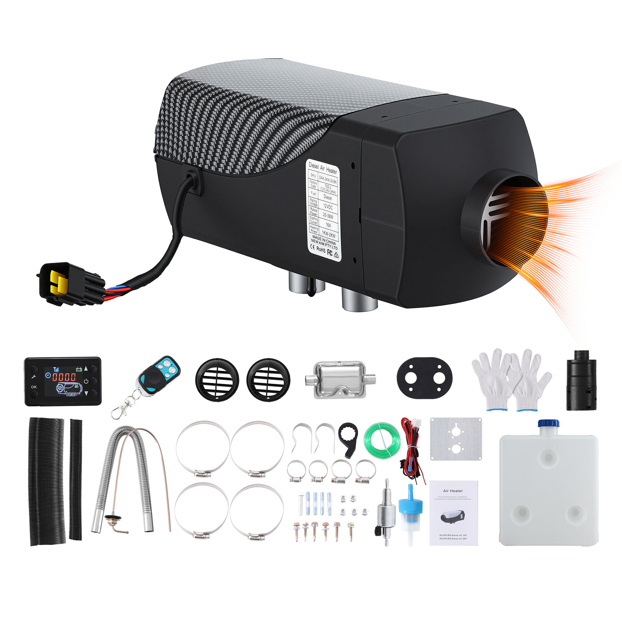 Giantz Diesel Air Heater 12-24V 2KW LCD Display Remote Control for Car Bus RV Indoor Black - Image 2