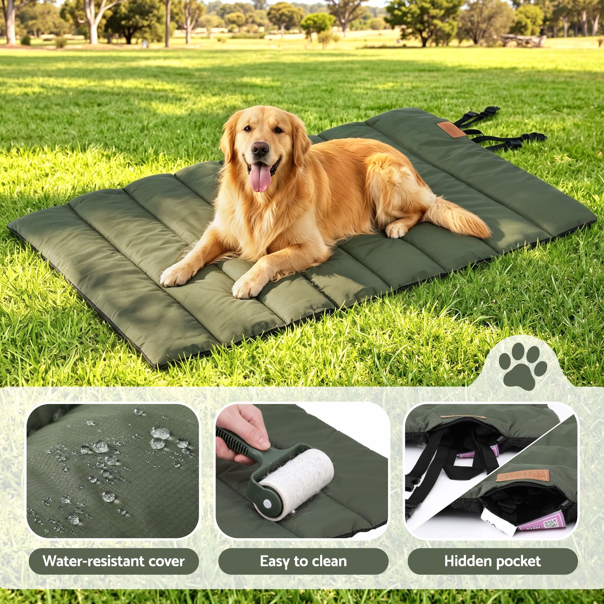 i.Pet Outdoor Dog Bed Large Water-resistant Washable Foldable Travel Dog Mat Green - Image 2