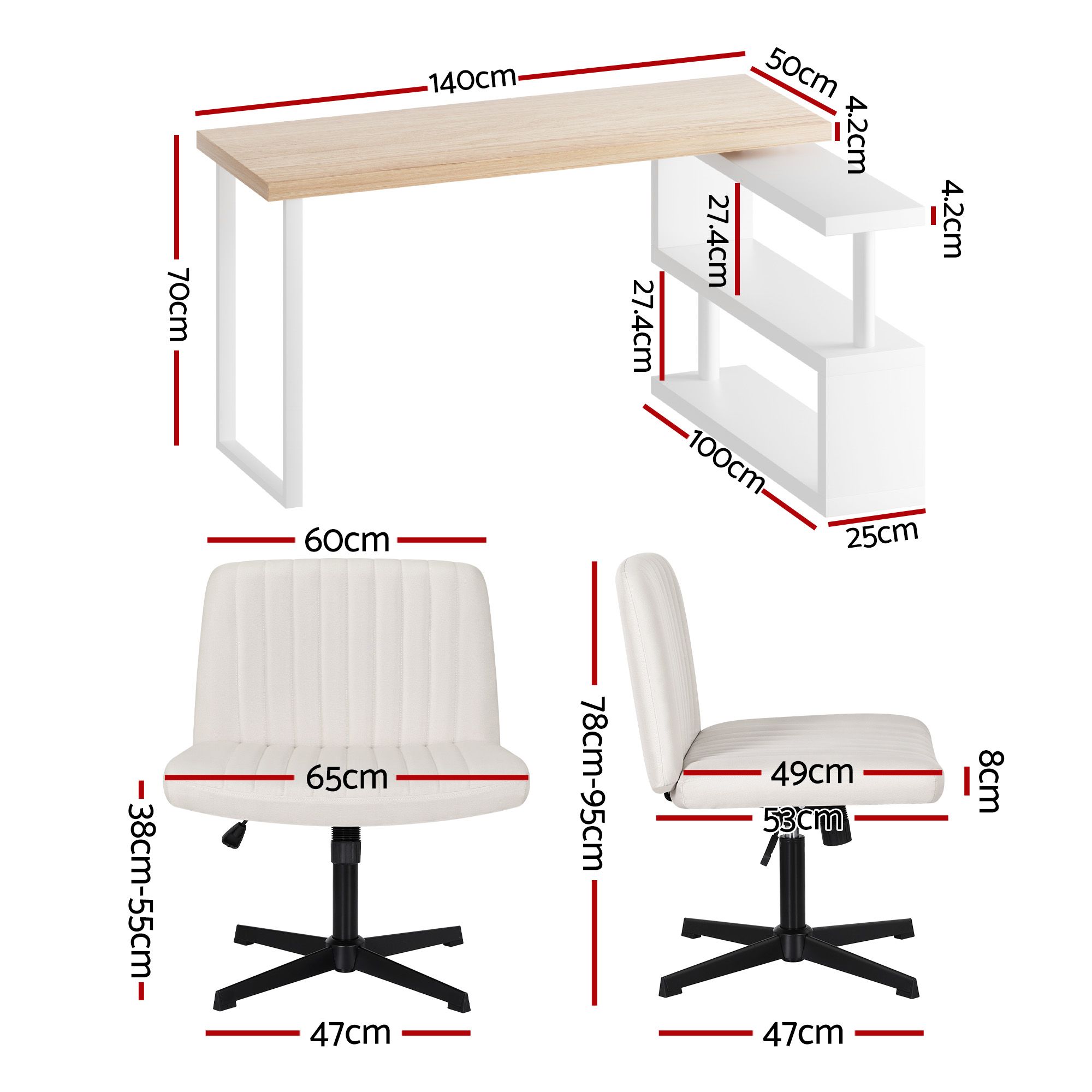 Artiss Office Desk & Chair Set 140cm Computer Desk with Rotatable Bookshelf & Criss Cross Office Chair Armless Swivel Chair, Home Office Study Workstation Furniture - Image 2