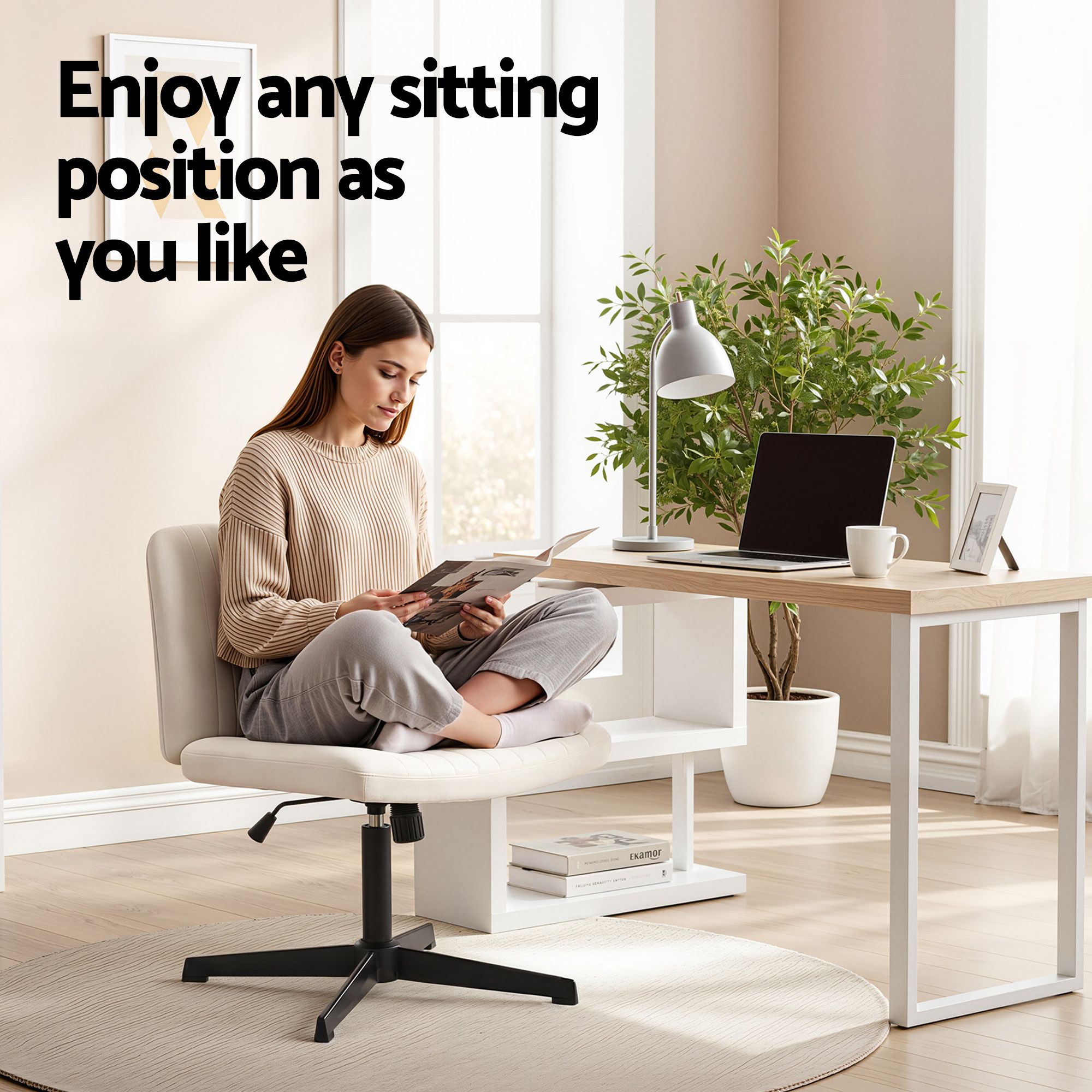 Artiss Office Desk & Chair Set 140cm Computer Desk with Rotatable Bookshelf & Criss Cross Office Chair Armless Swivel Chair, Home Office Study Workstation Furniture - Image 6