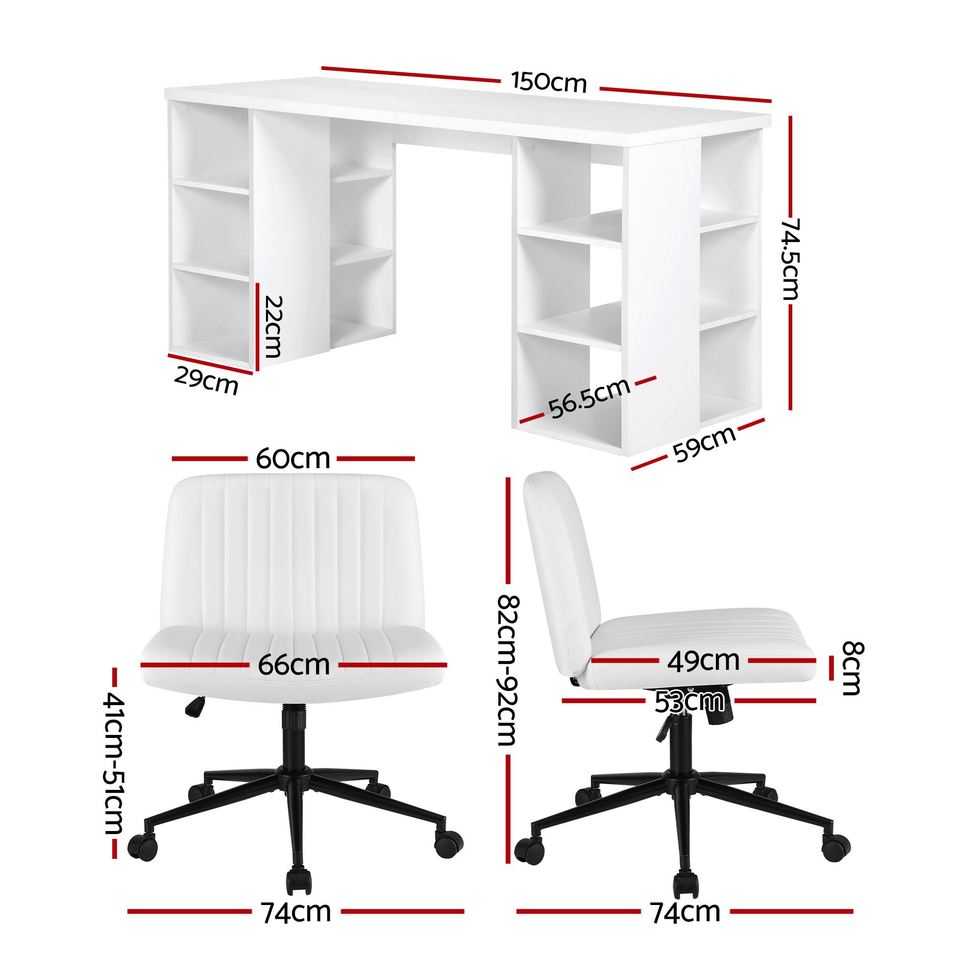 Artiss Office Desk & Chair Set 150cm Computer Desk with 6 Storage Shelves & Ergonomic Cross Legged Chair Armless Cross PU Leather Office Chair with Wheels - Image 2