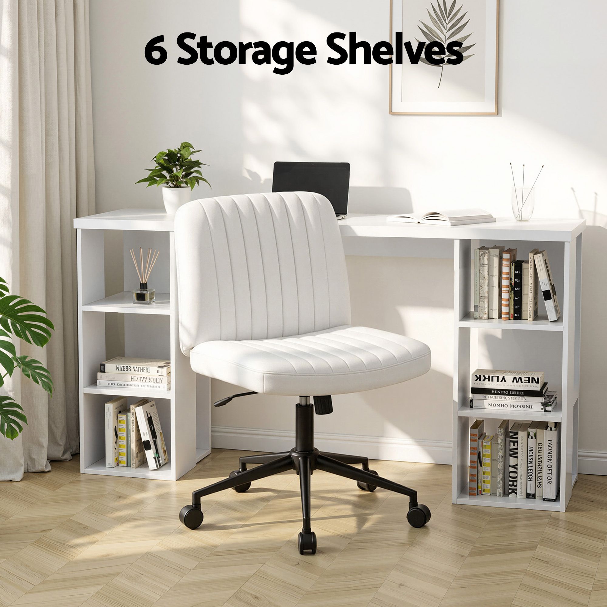 Artiss Office Desk & Chair Set 150cm Computer Desk with 6 Storage Shelves & Ergonomic Cross Legged Chair Armless Cross PU Leather Office Chair with Wheels - Image 5