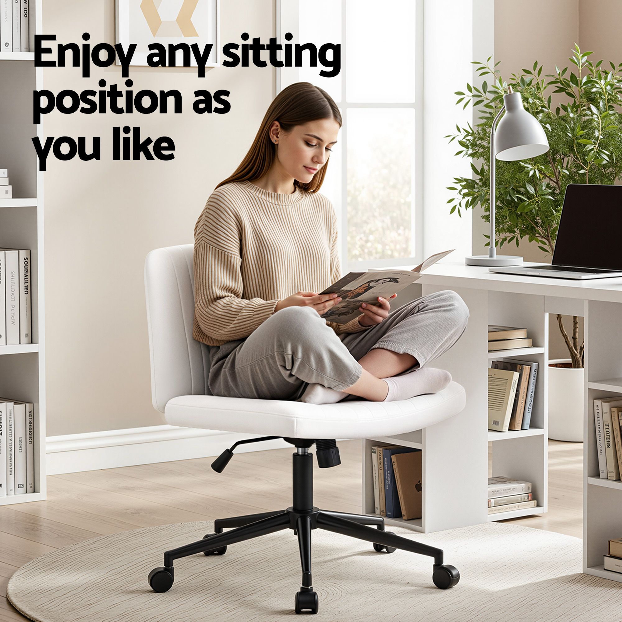 Artiss Office Desk & Chair Set 150cm Computer Desk with 6 Storage Shelves & Ergonomic Cross Legged Chair Armless Cross PU Leather Office Chair with Wheels - Image 6