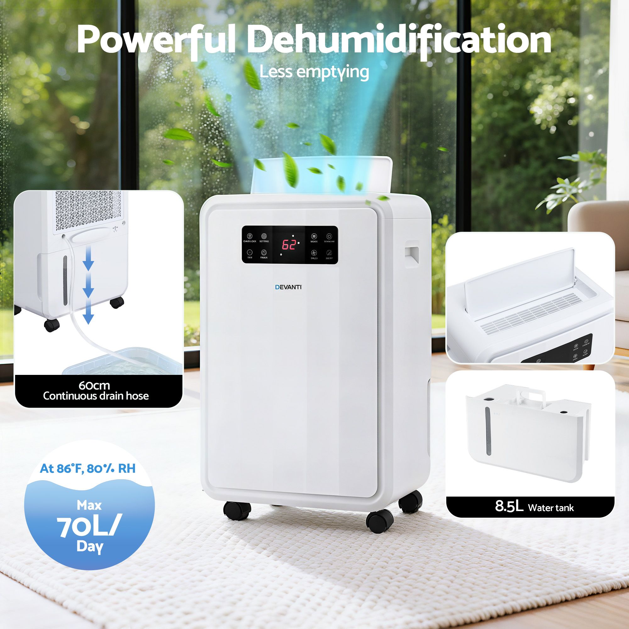 Devanti 70L Dehumidifier Commercial Moisture Absorber Air Dryer 8.5L Water Tank - Image 4