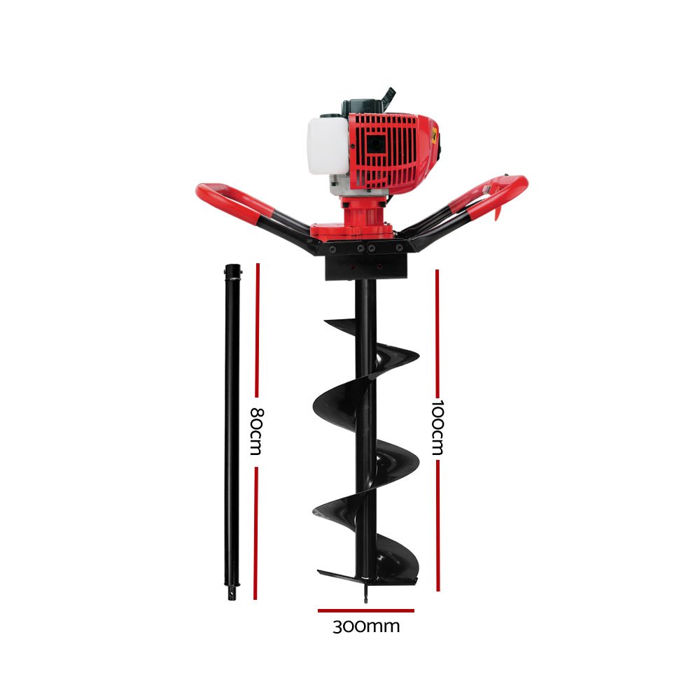 Giantz 66CC Post Hole Digger 300mm Petrol Drill Extension Auger Bits - Image 2